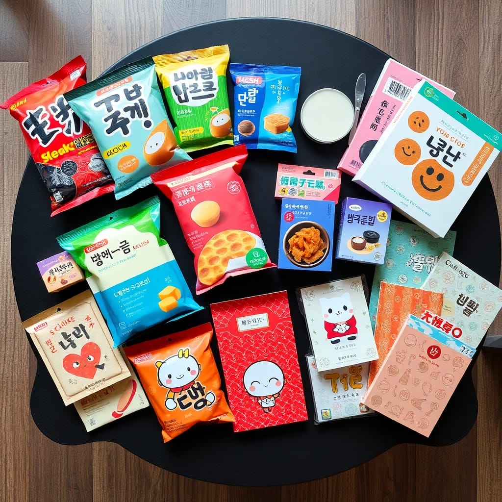 テーブルに並べられた様々な韓国土産（お菓子、コスメ、海苔、雑貨など）