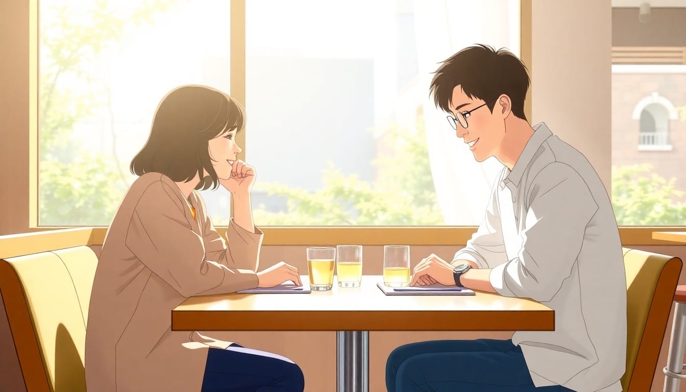 カフェで笑顔で会話する日本人と韓国人