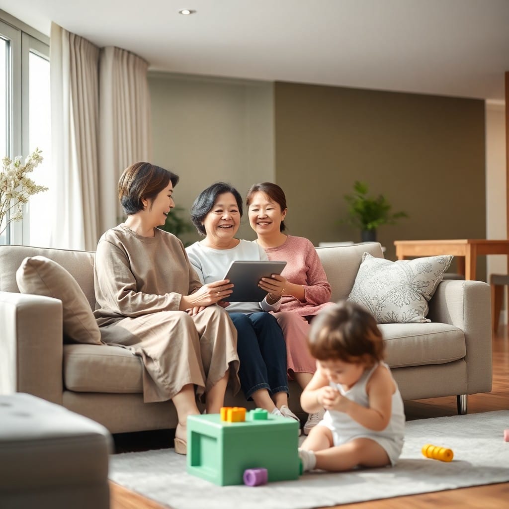 現代的なリビングで笑顔で話す姑と嫁（と孫）