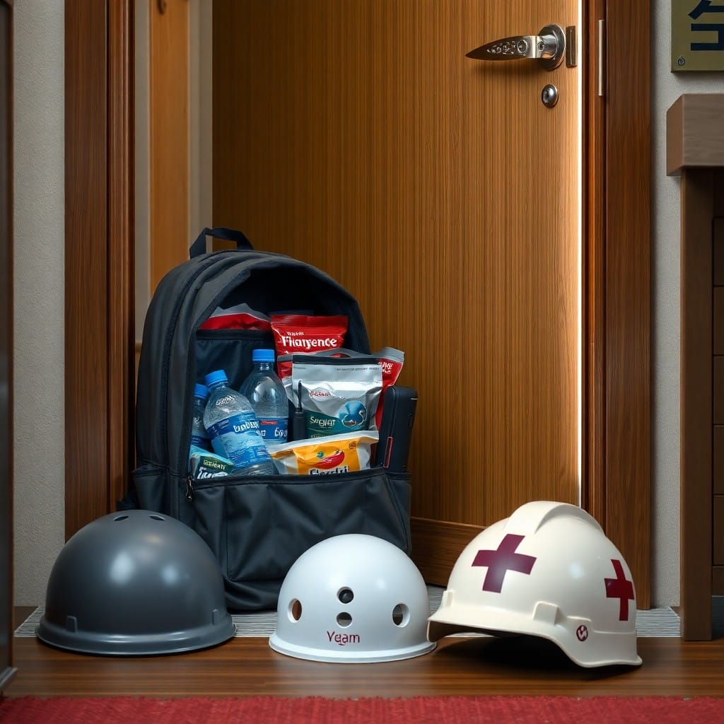 家庭用の防災グッズセット（リュック、ヘルメットなど）