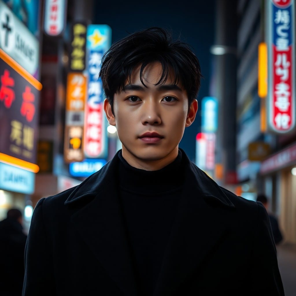 都会の夜景を背景にクールに立つ若い韓国人男性