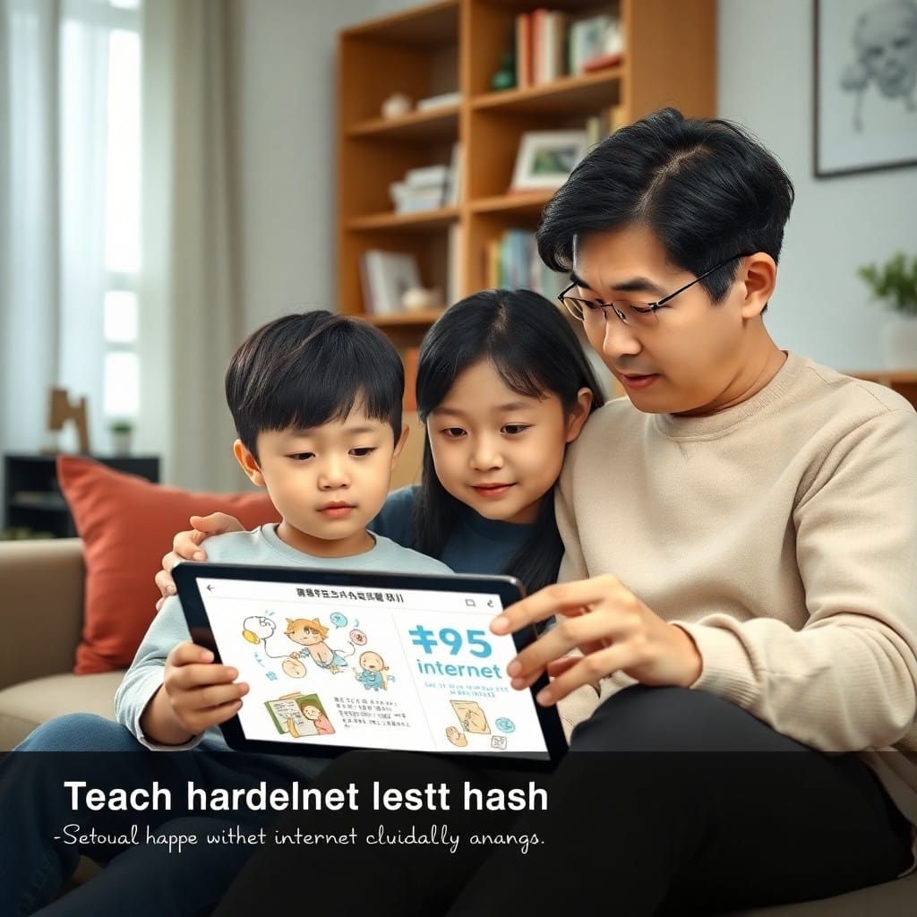 親子でタブレットを見ながらネットの安全な使い方について話している様子