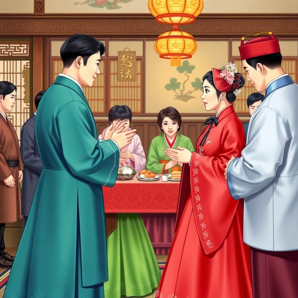 結婚式で伝統的な婚礼韓服を着た新郎新婦