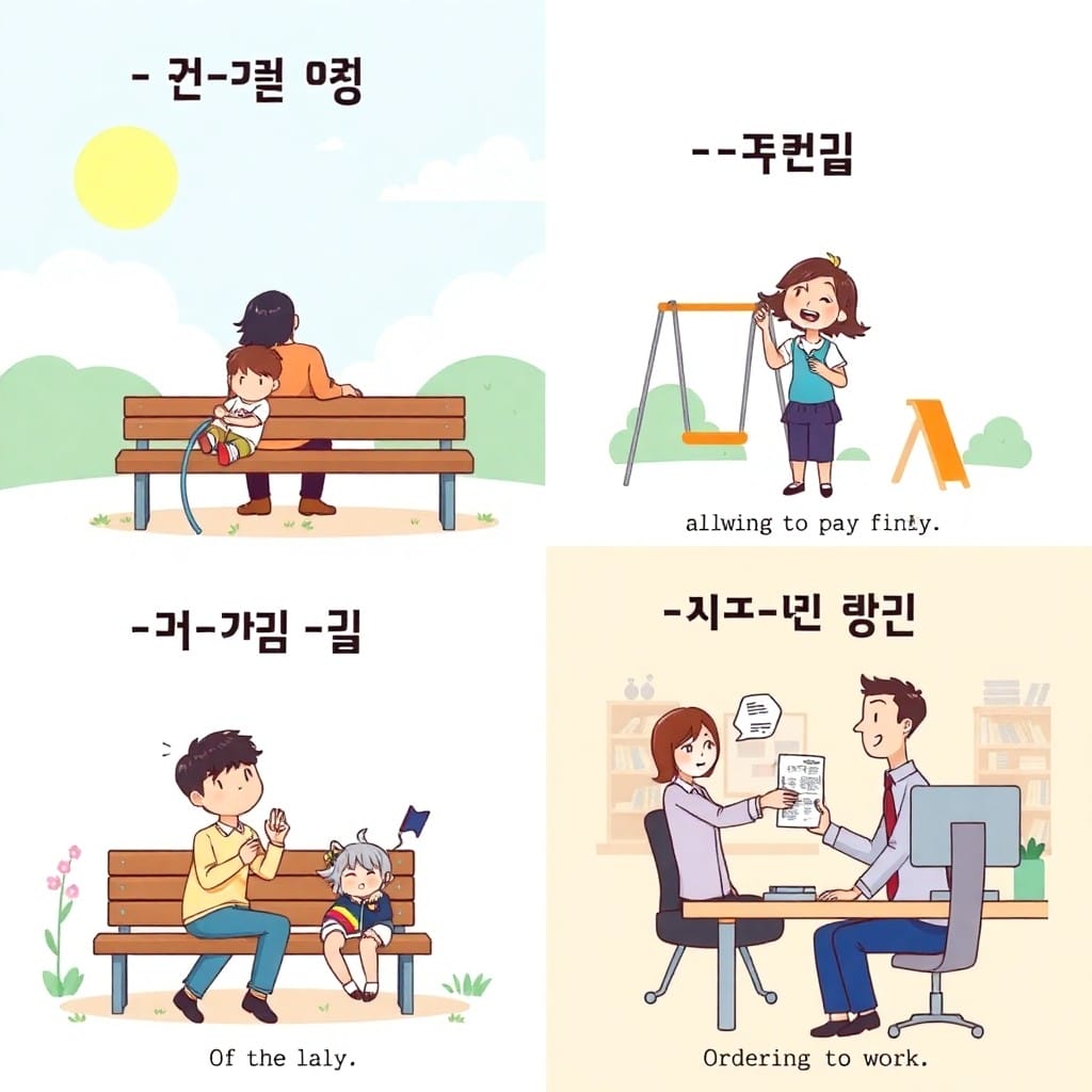 「-게 하다」「-게 만들다」「-게 시키다」のニュアンスの違いを示すイラスト