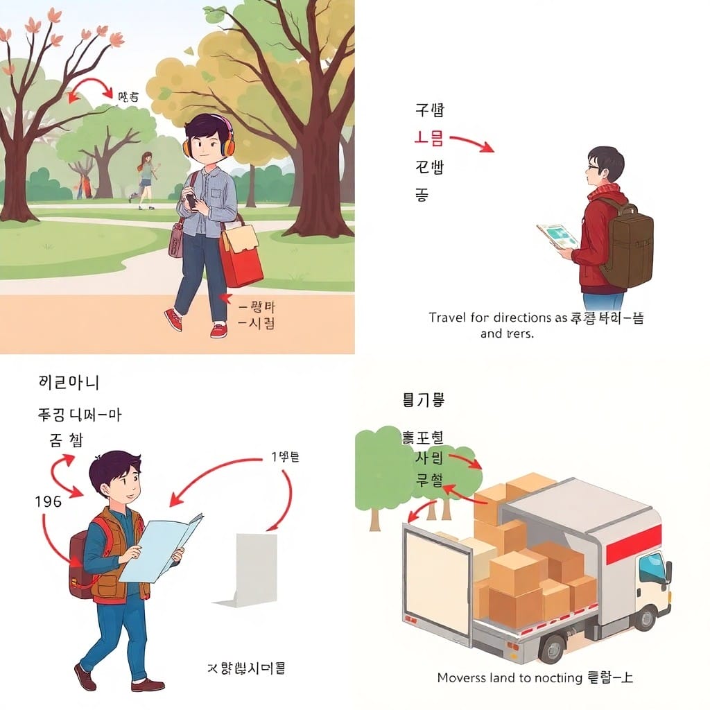 音楽を聴く、歩く、道を尋ねるなど、ㄷ変則動詞が使われる日常シーンのイラスト