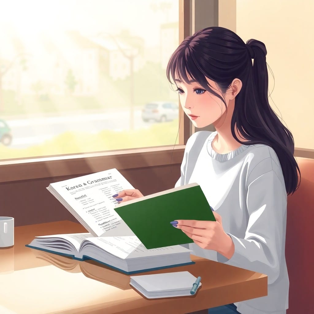 カフェで韓国語を勉強する女性
