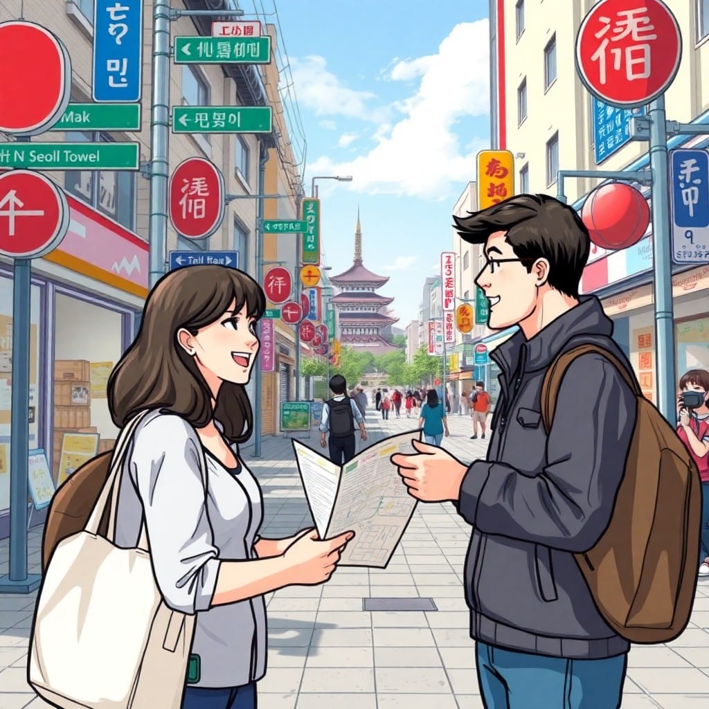 地図を持って道を尋ねる観光客のイラスト