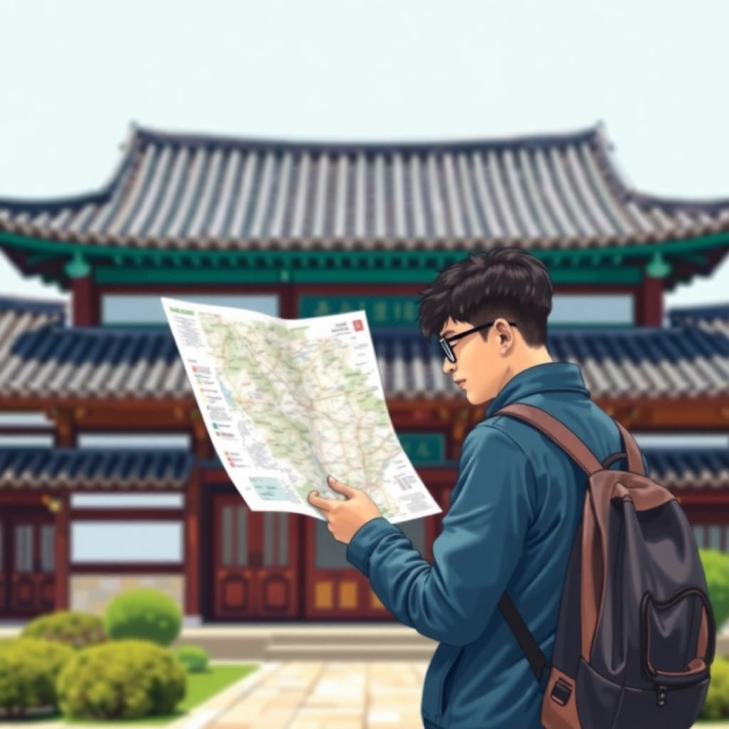 韓屋の前で地図を見る外国人観光客