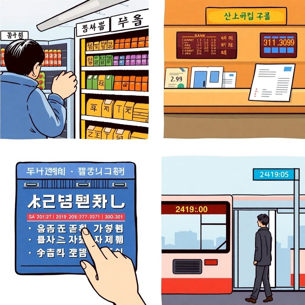 漢数詞が使われる日常場面のコラージュ(買い物、銀行、カレンダー、バス)