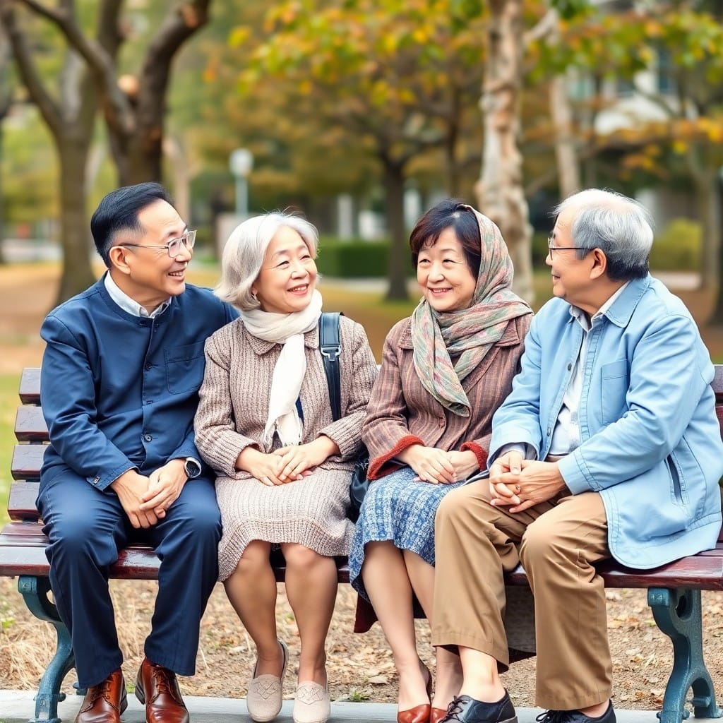 公園のベンチで会話する様々な年代の韓国人