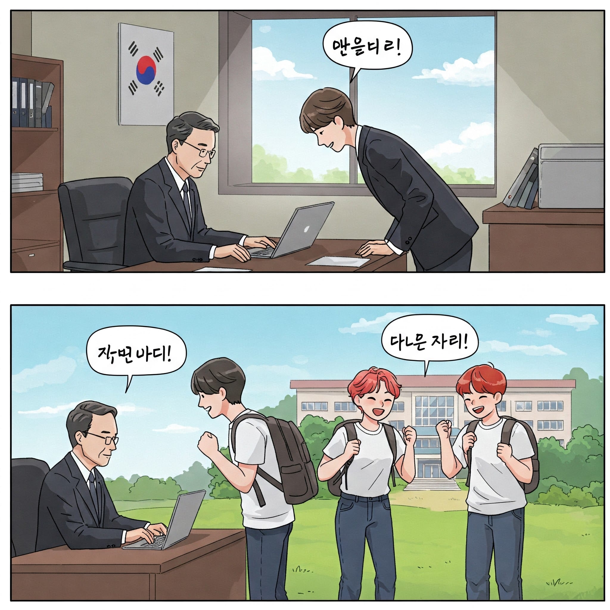 ビジネスシーンで「잘 부탁드립니다」と言う場面と、友達同士で「잘 부탁해」と言う場面のイラスト