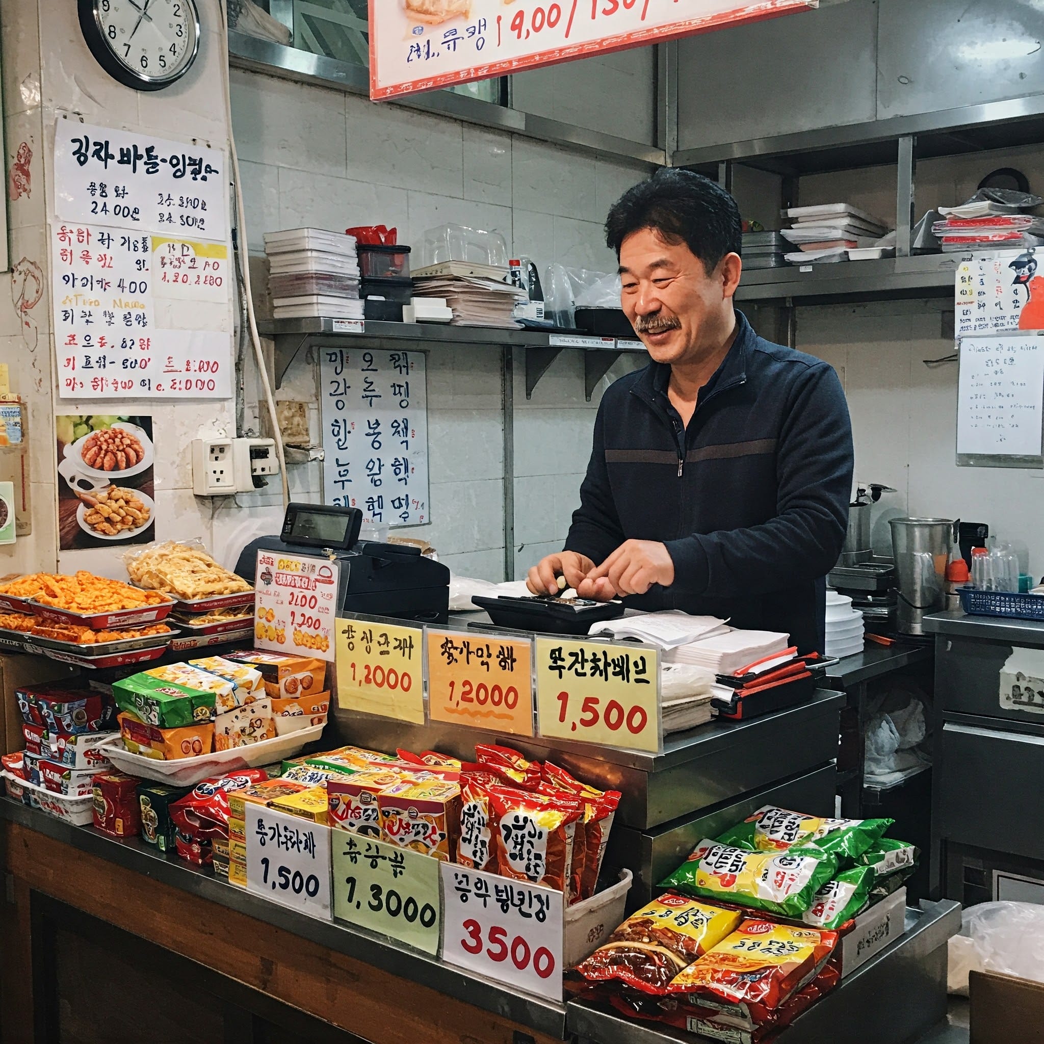 韓国のレストランでメニューを見て値段（ウォン表示）を確認している人