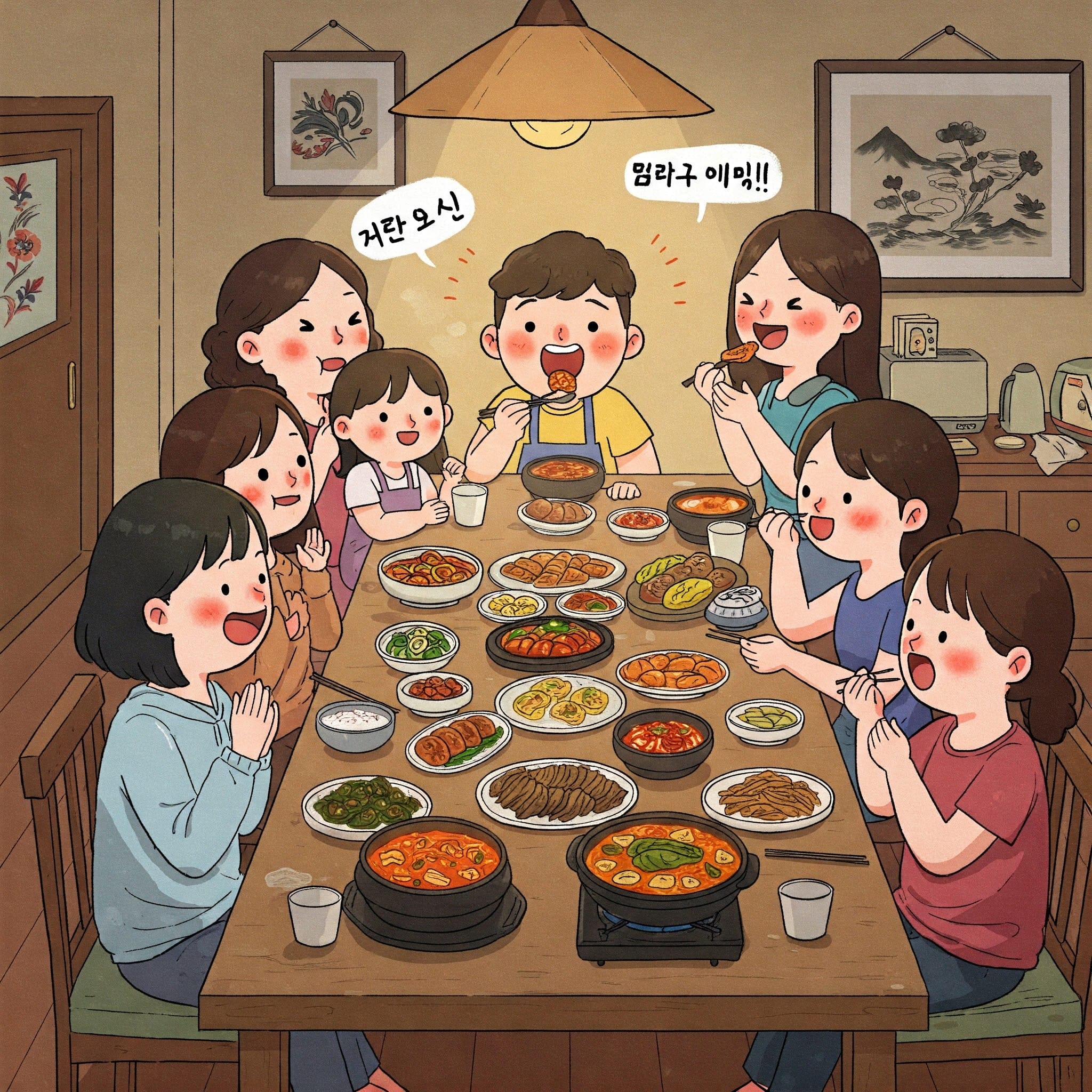 韓国料理を楽しむ人々のイラスト