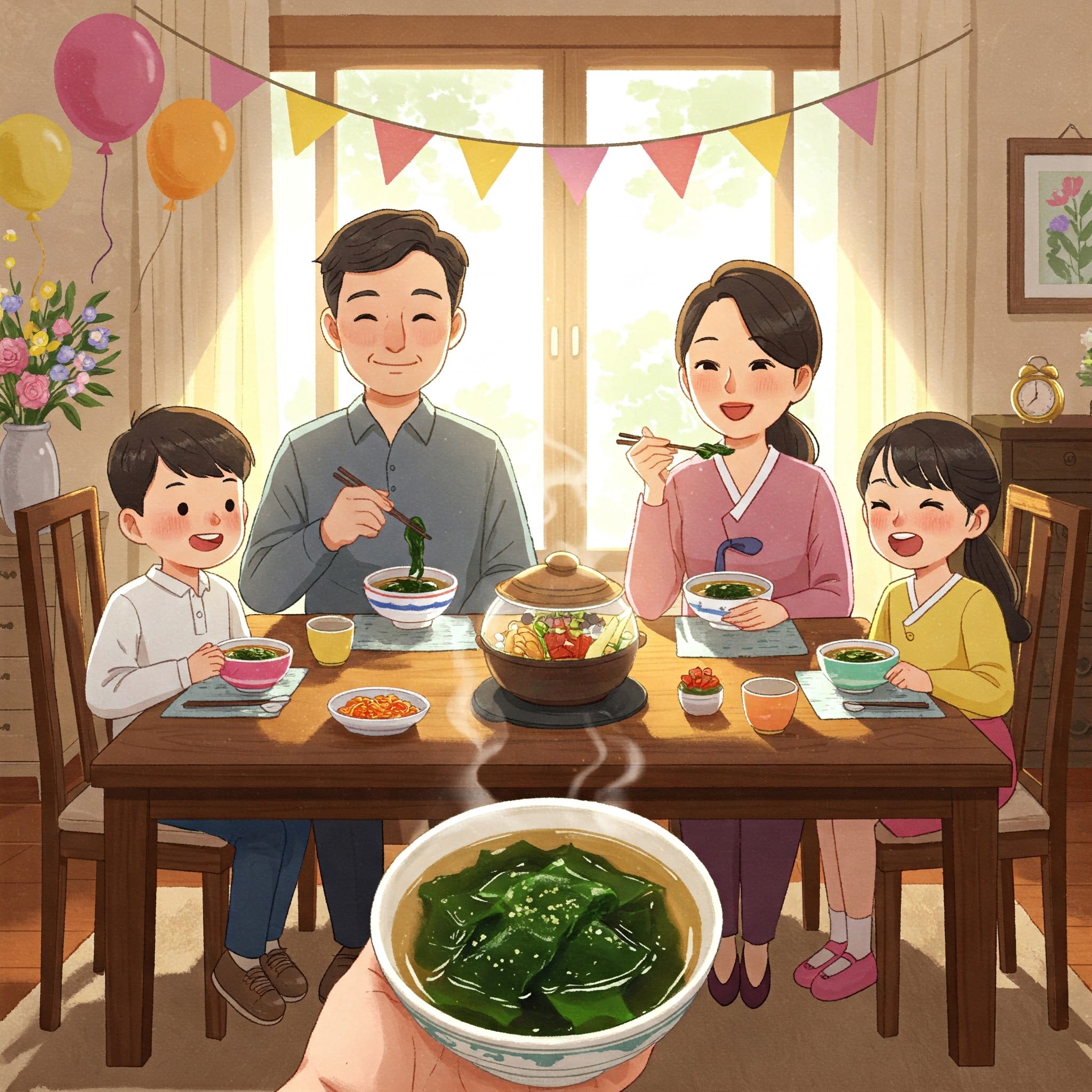 食卓に並べられた韓国のわかめスープ（ミヨクク）のイラスト