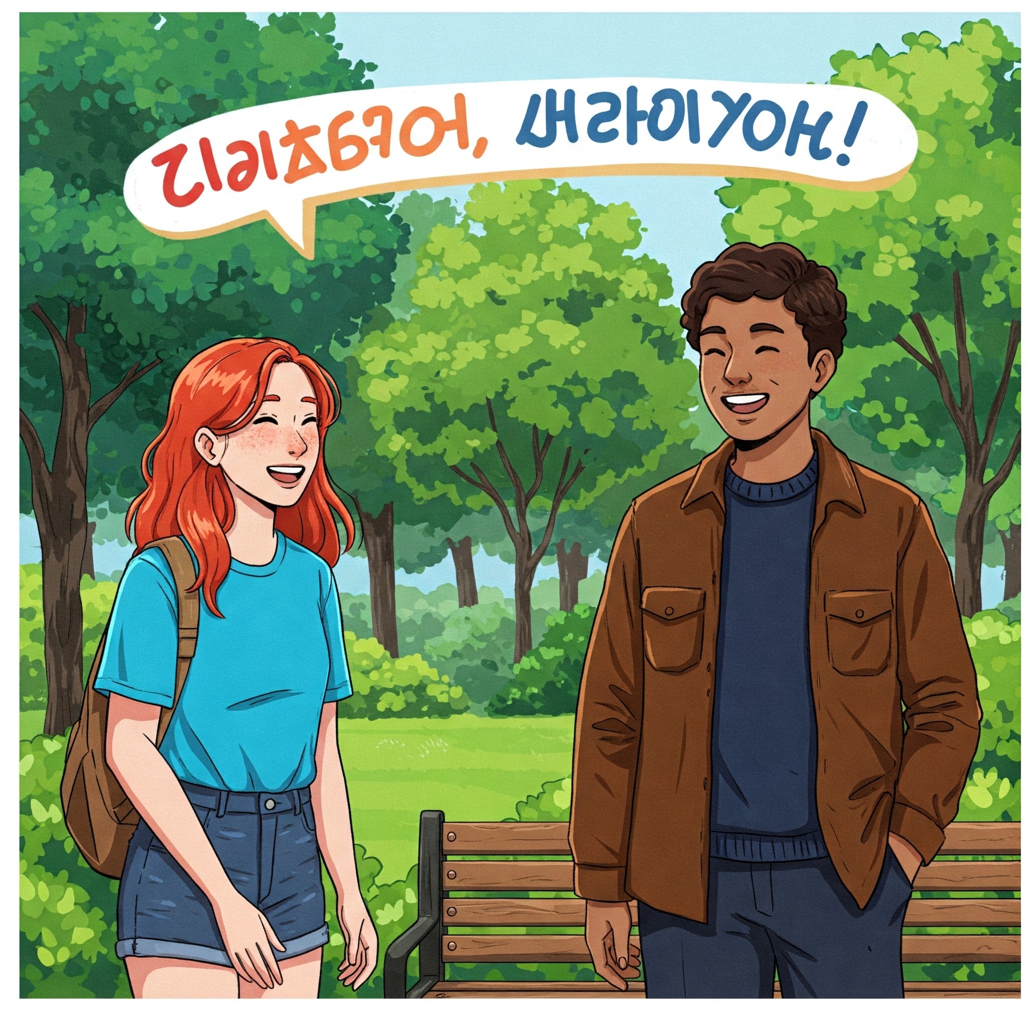 趣味について話しているイラスト（例：K-POP、ドラマ、旅行）