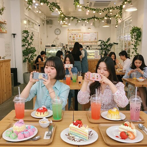 韓国の人気カフェで同じように写真を撮る人々