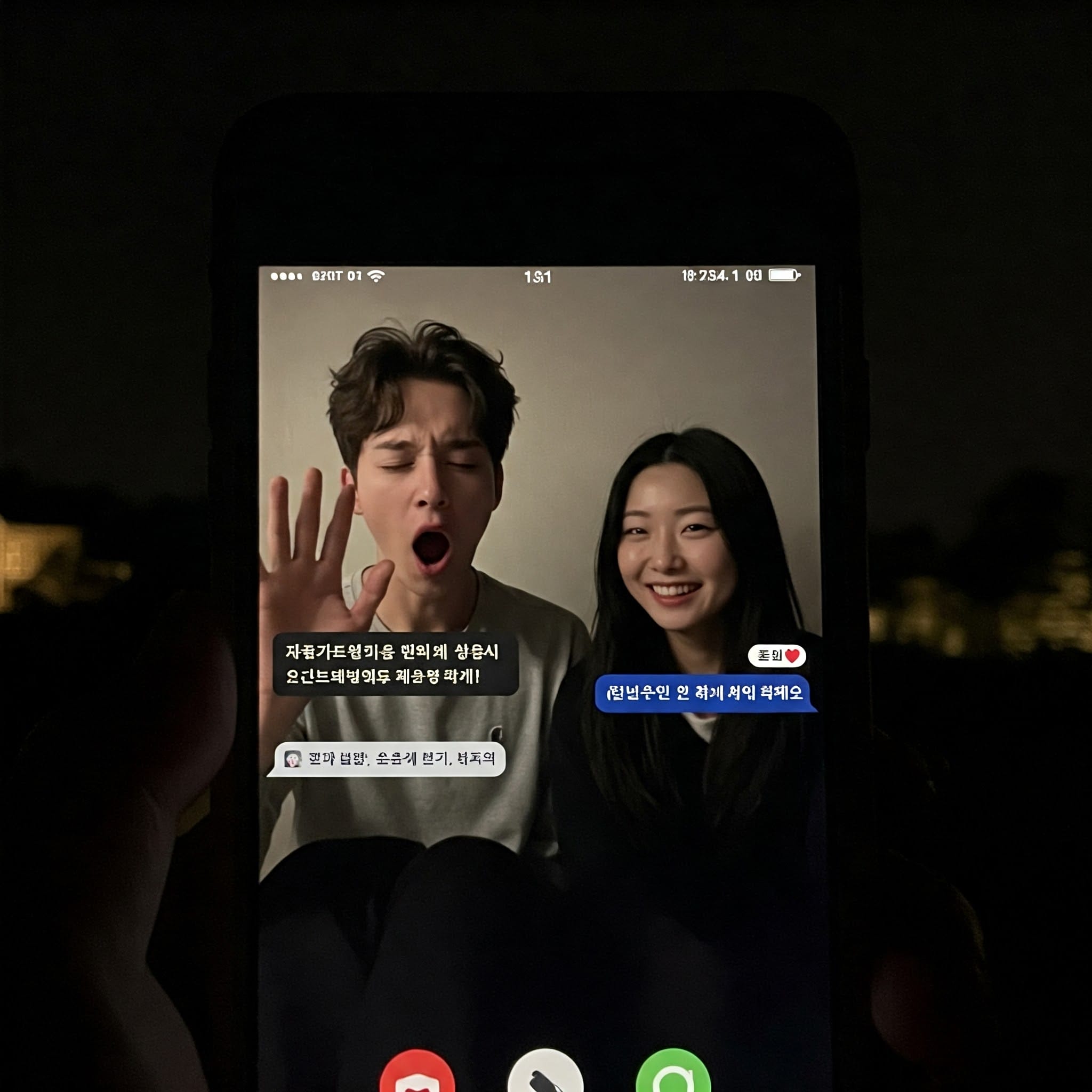 スマートフォンの画面には、あくびをする若い男性と笑顔の若い女性のビデオ通話が映し出されており、両者とも室内に座り、韓国語のチャットの吹き出しが表示されています。.