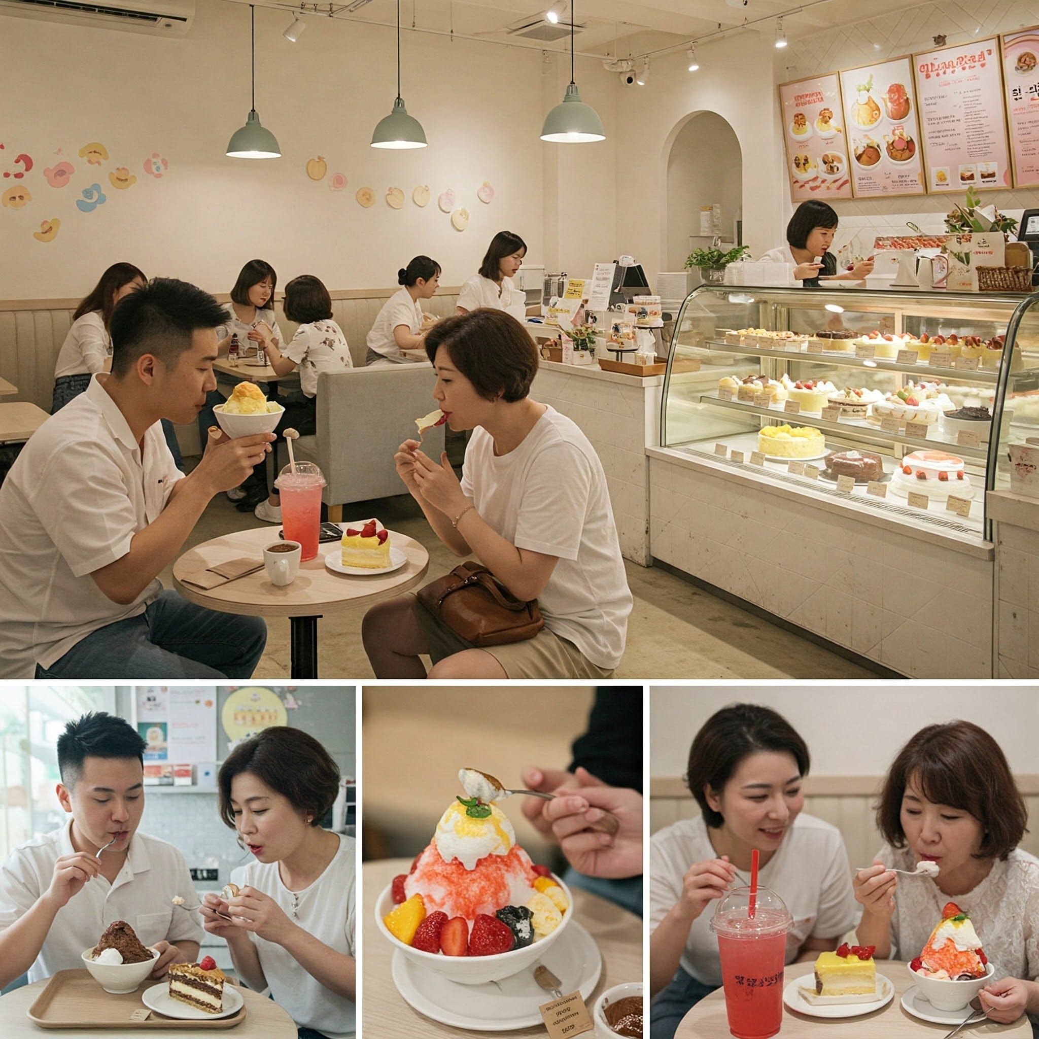 韓国のカフェの居心地の良い店内で、人々がピンス（かき氷）、ケーキ、カラフルなエイド（甘い飲み物）などの甘いものを楽しんでいるシーン。