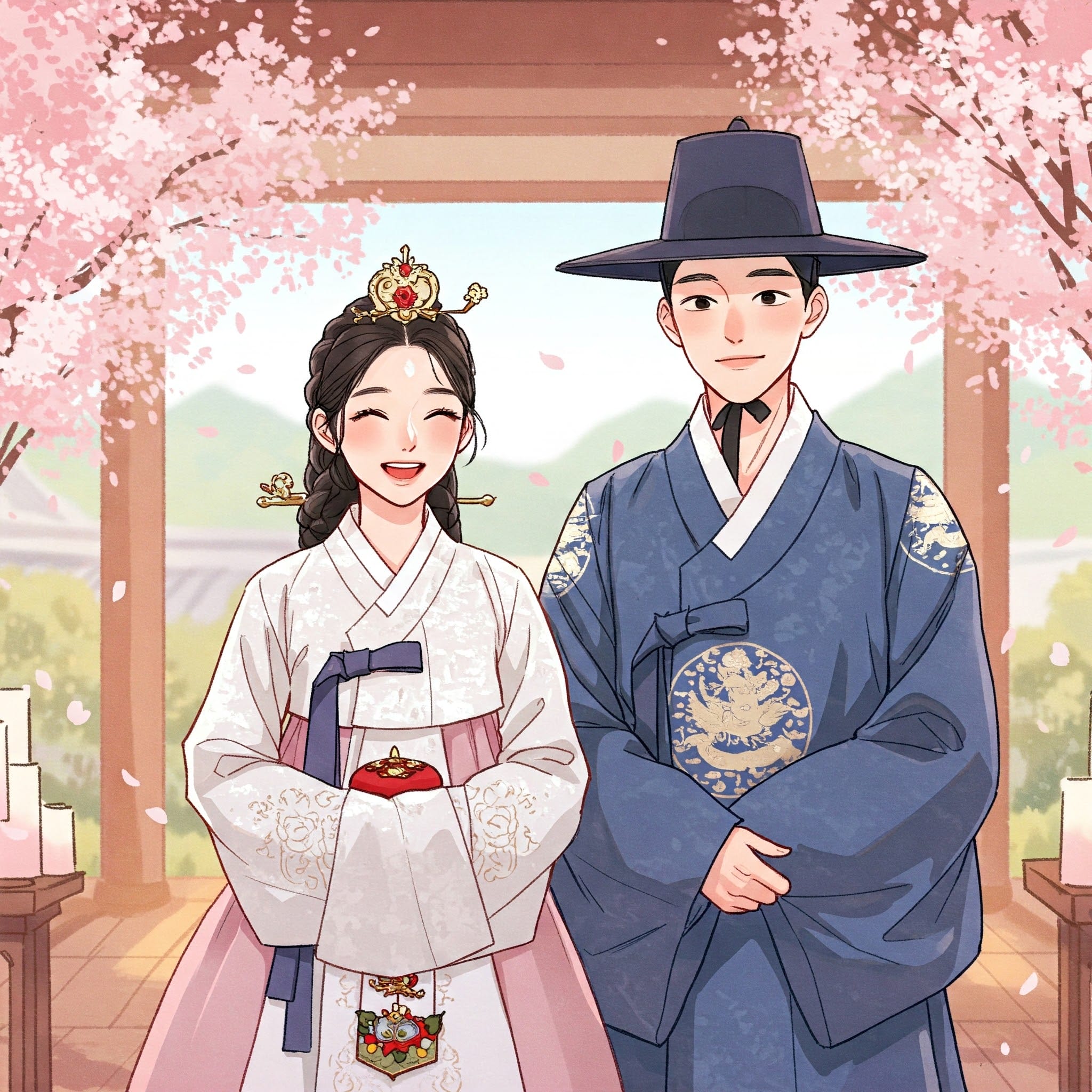 韓国の結婚式のイラスト。韓服またはウェディングドレス姿の新郎新婦が微笑み合っている。