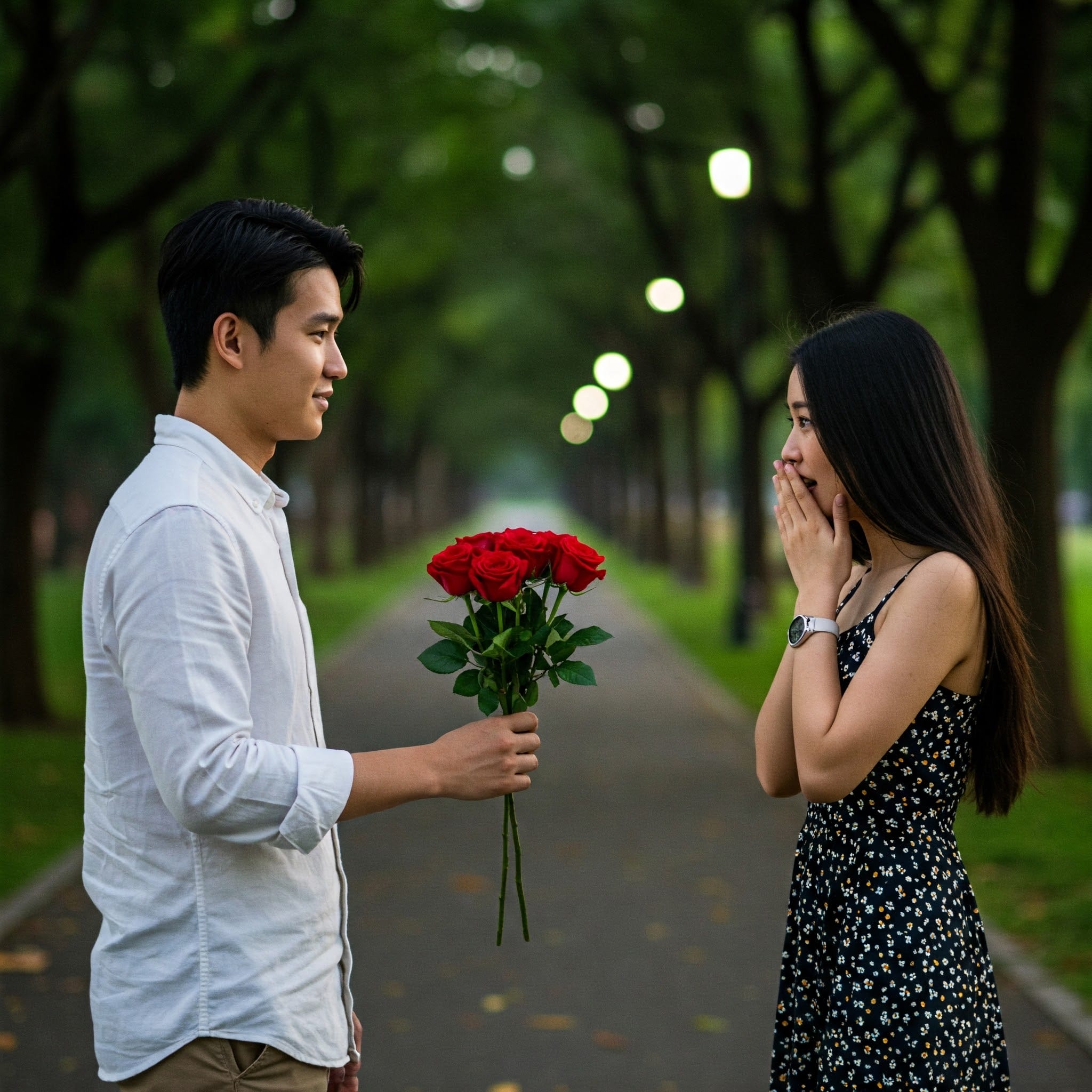 公園で緊張した面持ちで花束を差し出す男性と、それを受け取ろうとする女性