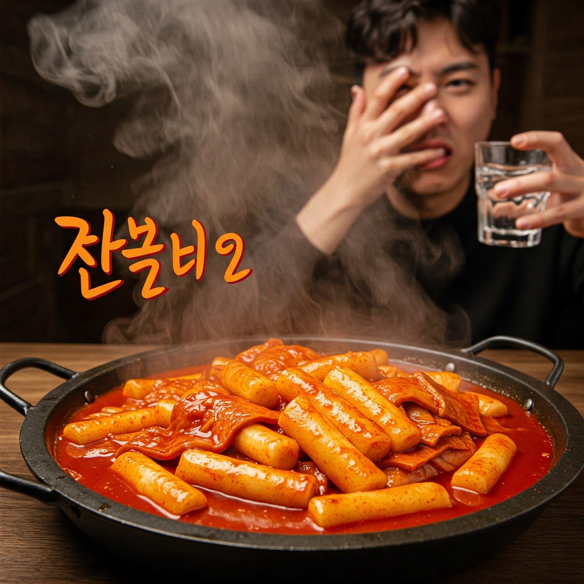 辛い韓国料理（トッポッキ）と辛そうな表情の人