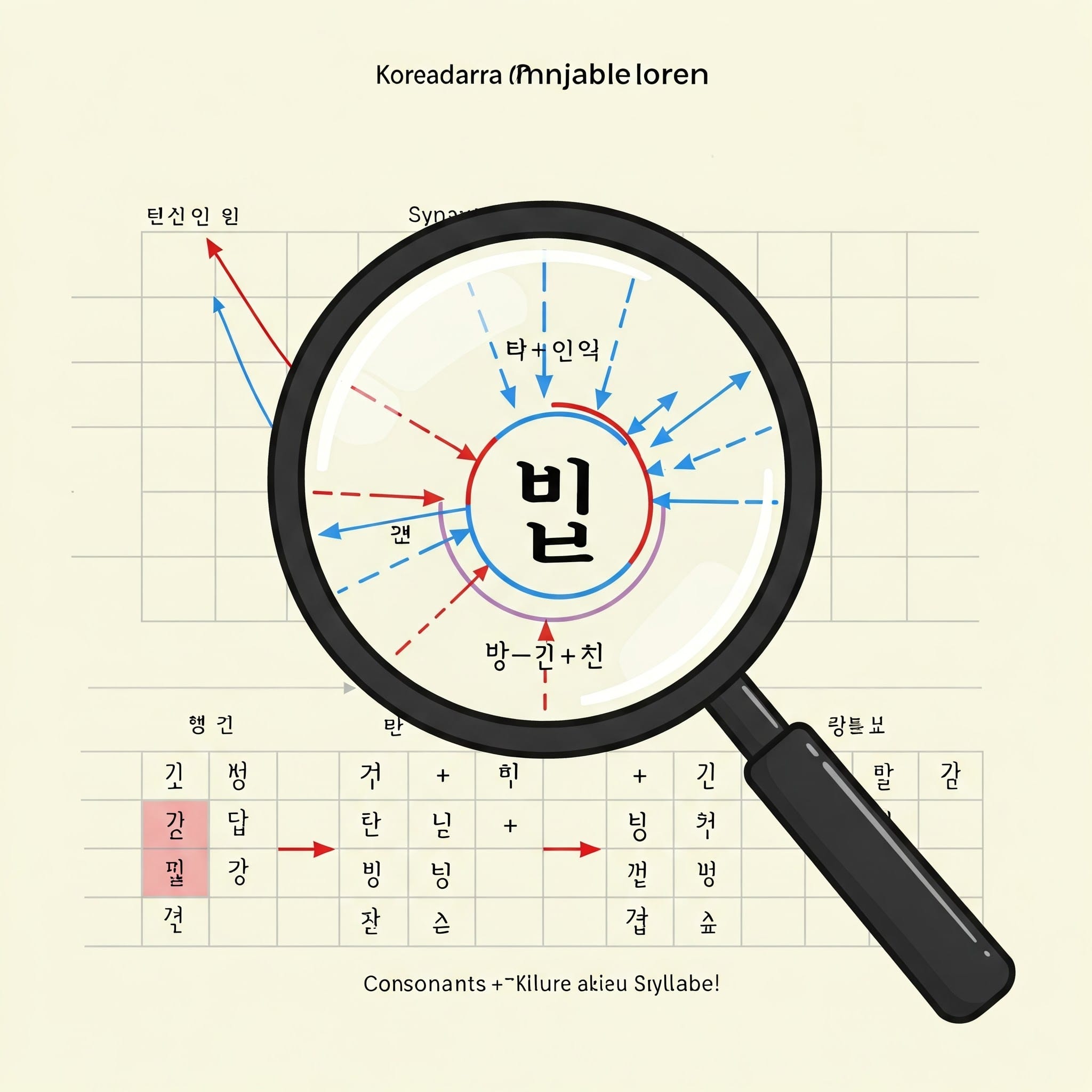 カナダラ表の一部を拡大し、文字の成り立ちを示したイラスト