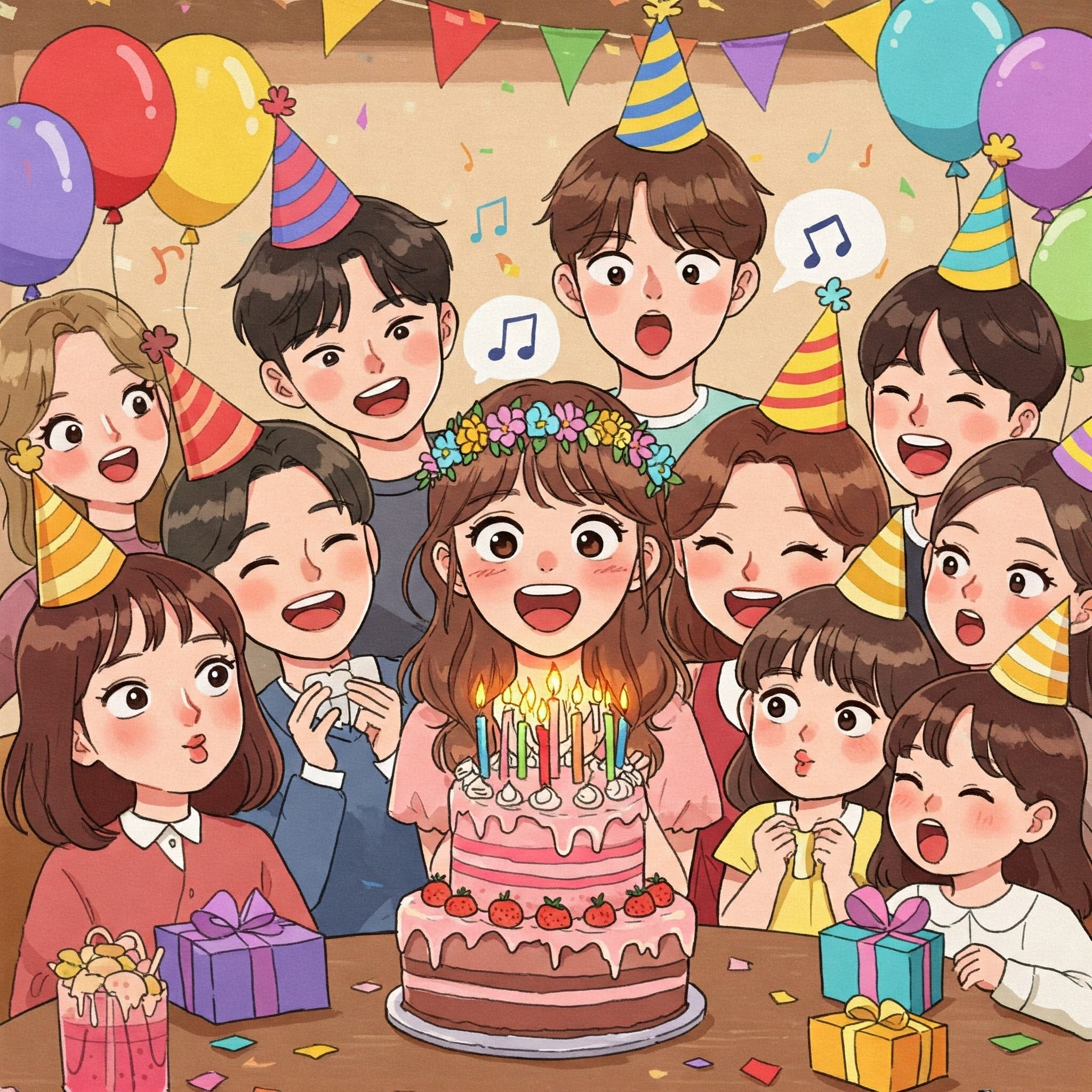 誕生日ケーキのろうそくを吹き消す様子とバースデーソングの音符イラスト