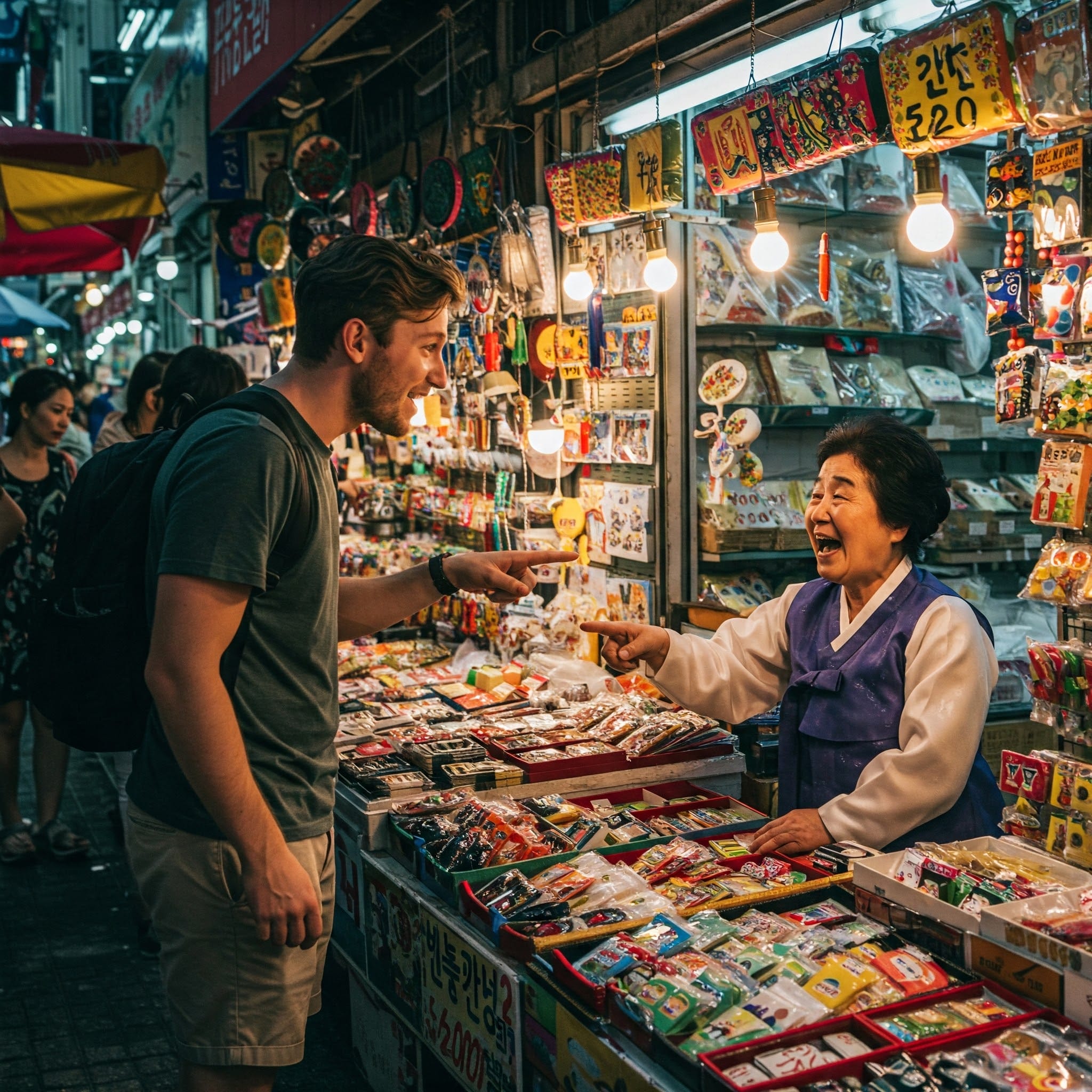 ソウルの市場で買い物をする旅行者