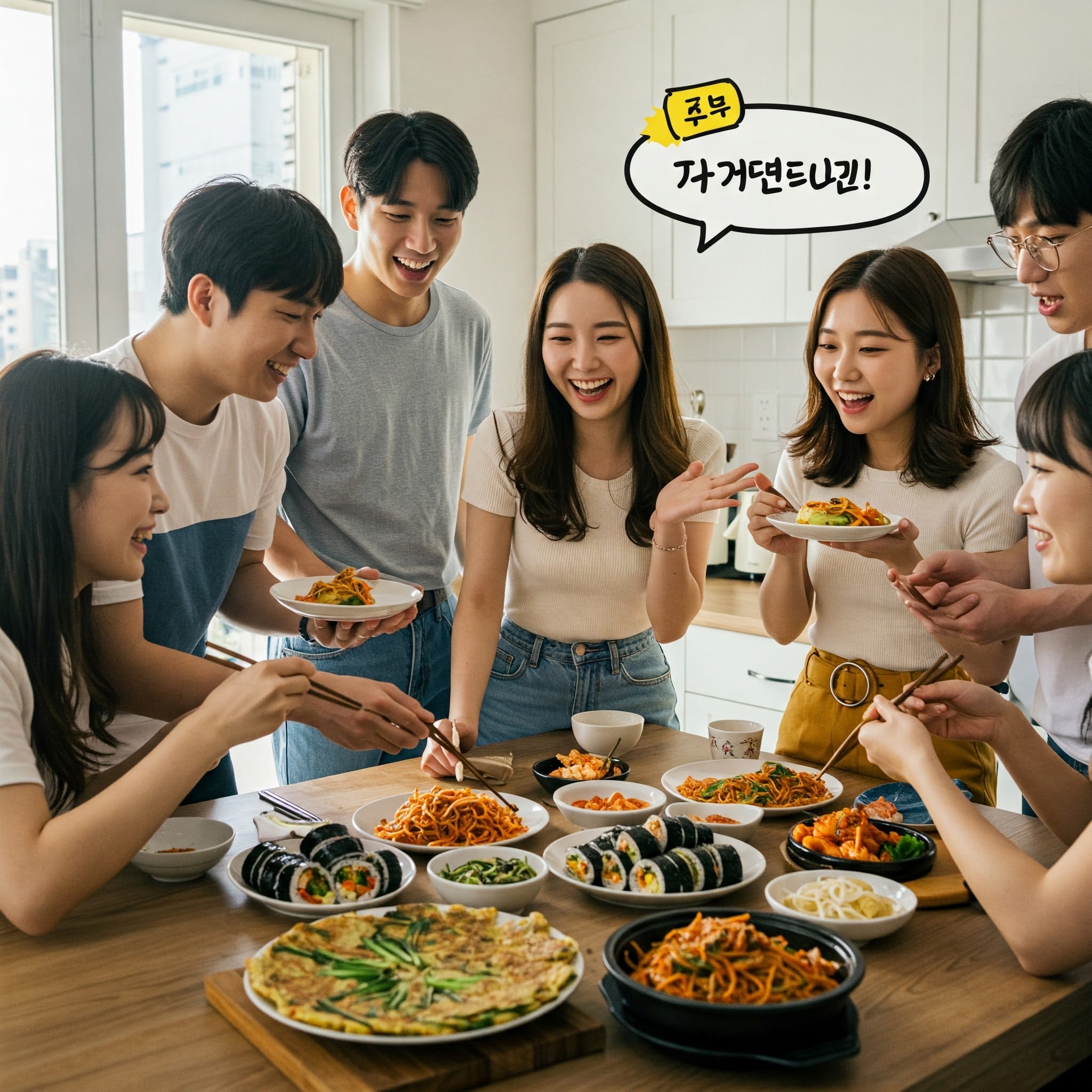 6人の若者のグループが、明るくモダンなキッチンでさまざまな韓国料理が並んだテーブルの周りに集まり、笑顔で会話を交わしています。.
