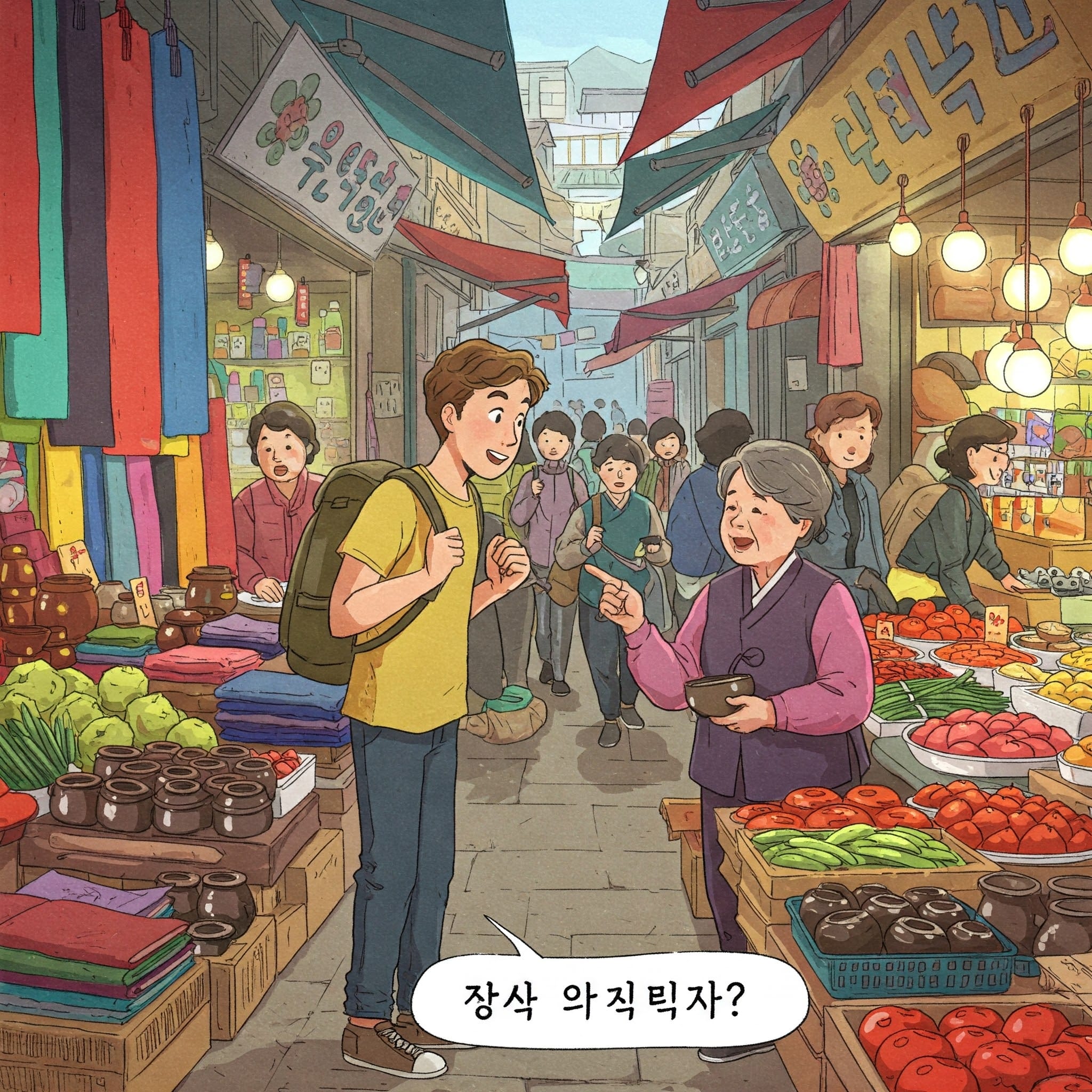 韓国の市場で買い物をする旅行者のイラスト