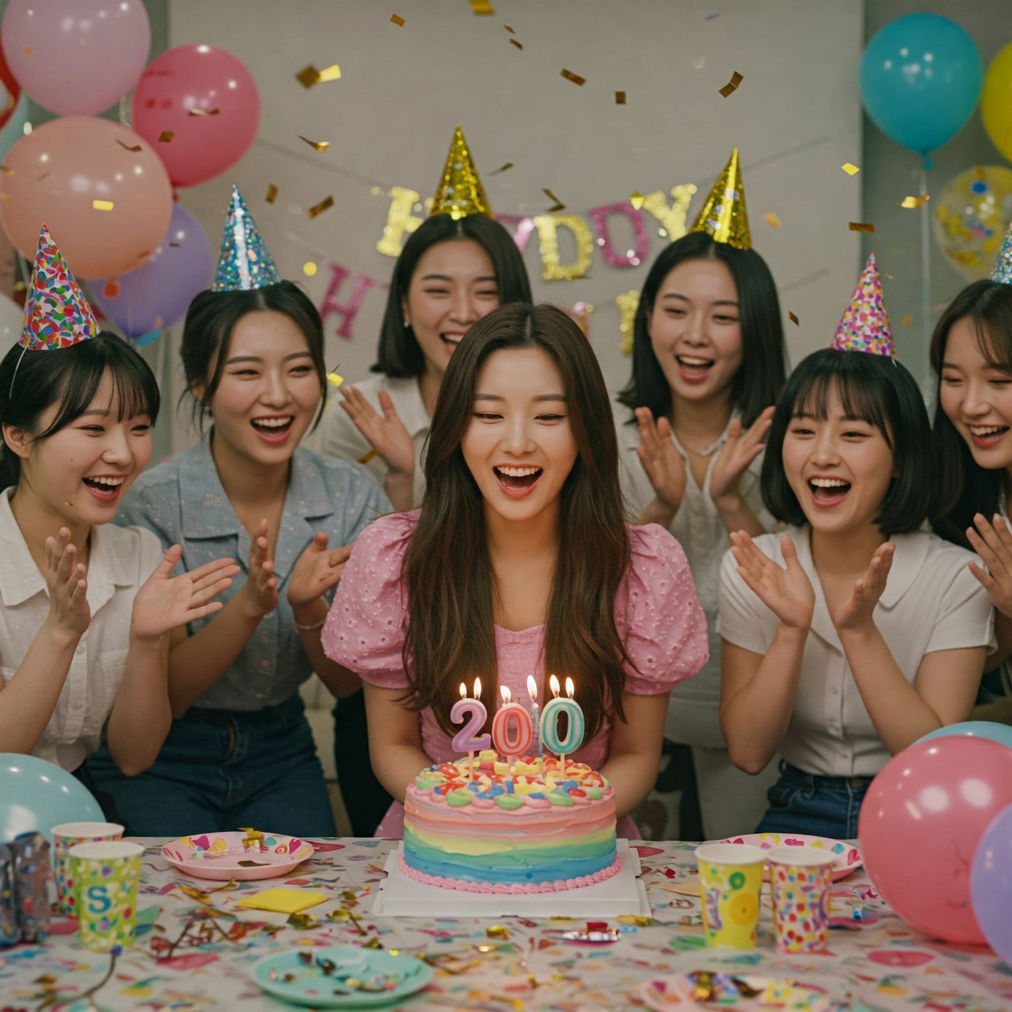 パーティーハットをかぶった若い女性たちが、テーブルの上に「200」本のろうそく、紙吹雪、飾りが飾られた誕生日ケーキを囲んで祝っています。.