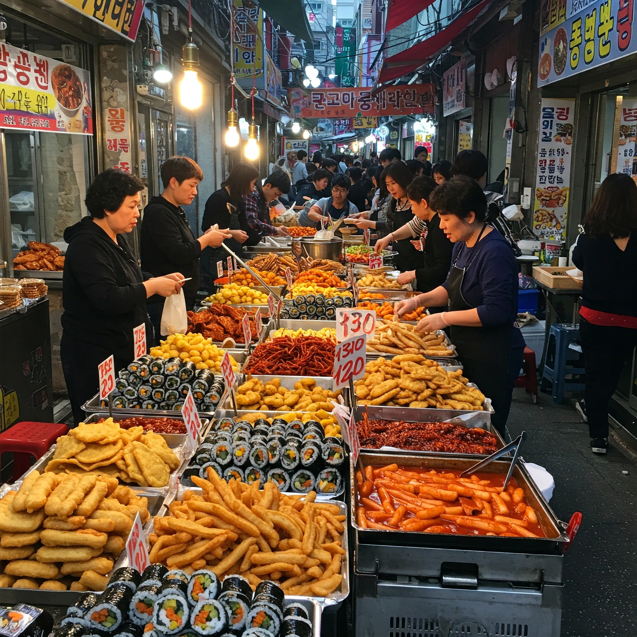 伝統的な韓国の市場や屋台の賑やかなシーン。キンパ、トッポッキ、ティギム（天ぷら）、スンデなど、人気の様々な軽食が並べられている。