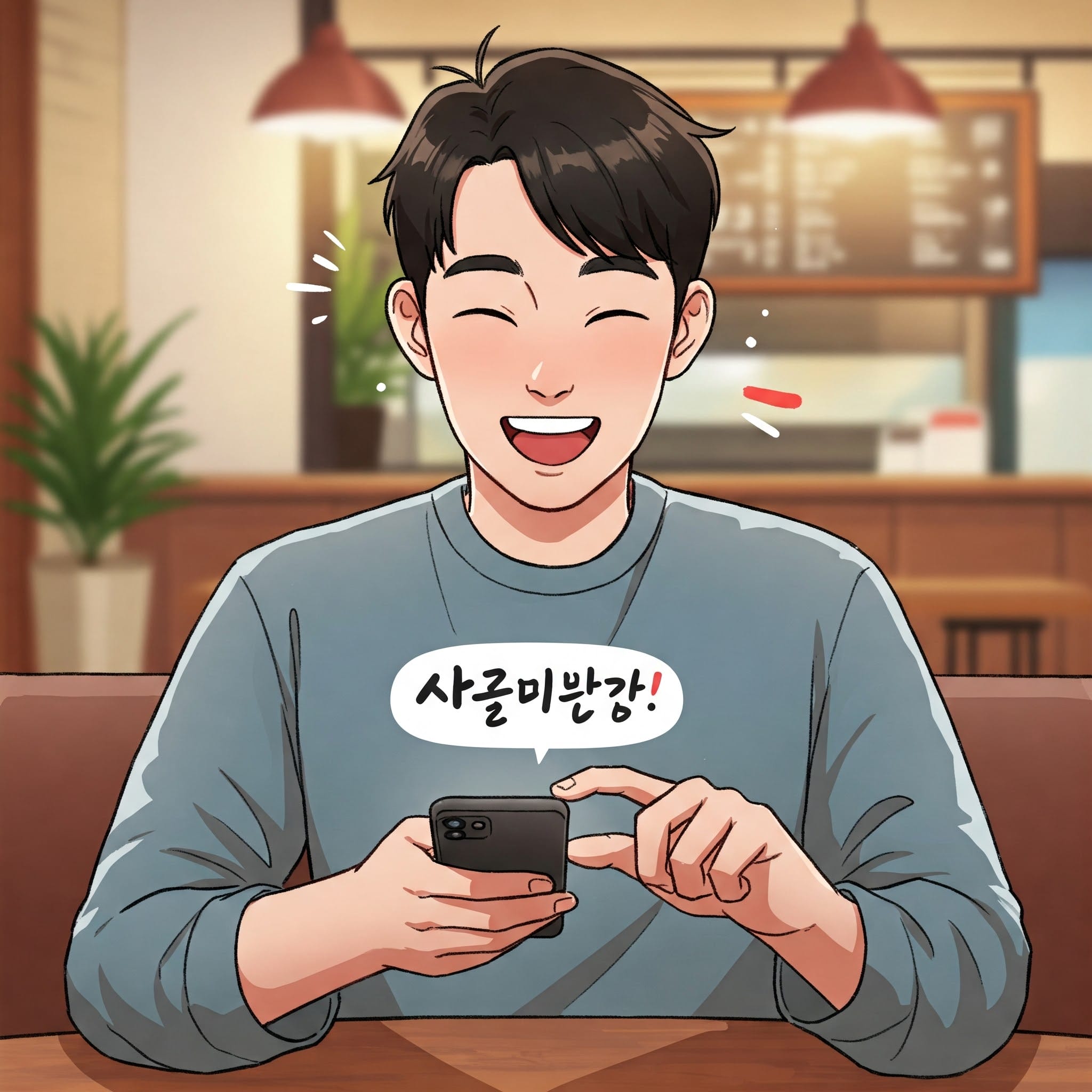スマートフォンで楽しそうに韓国語のお祝いメッセージ（ㅊㅋㅊㅋ！）を入力している人のイラスト。