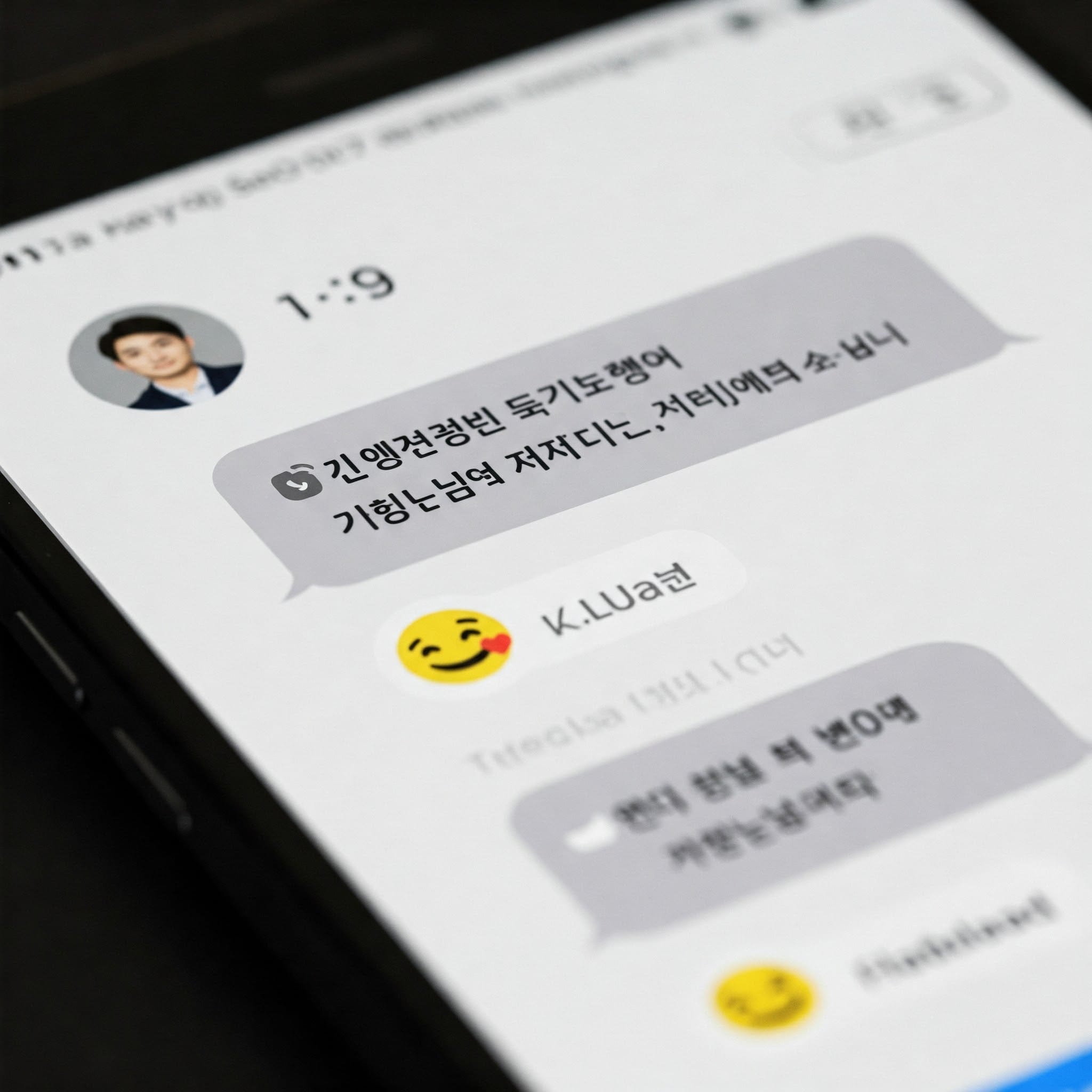 スマートフォンの画面に表示されたカカオトークのチャット画面のクローズアップ、「ㅃㅃ」という文字と笑顔の絵文字が見える