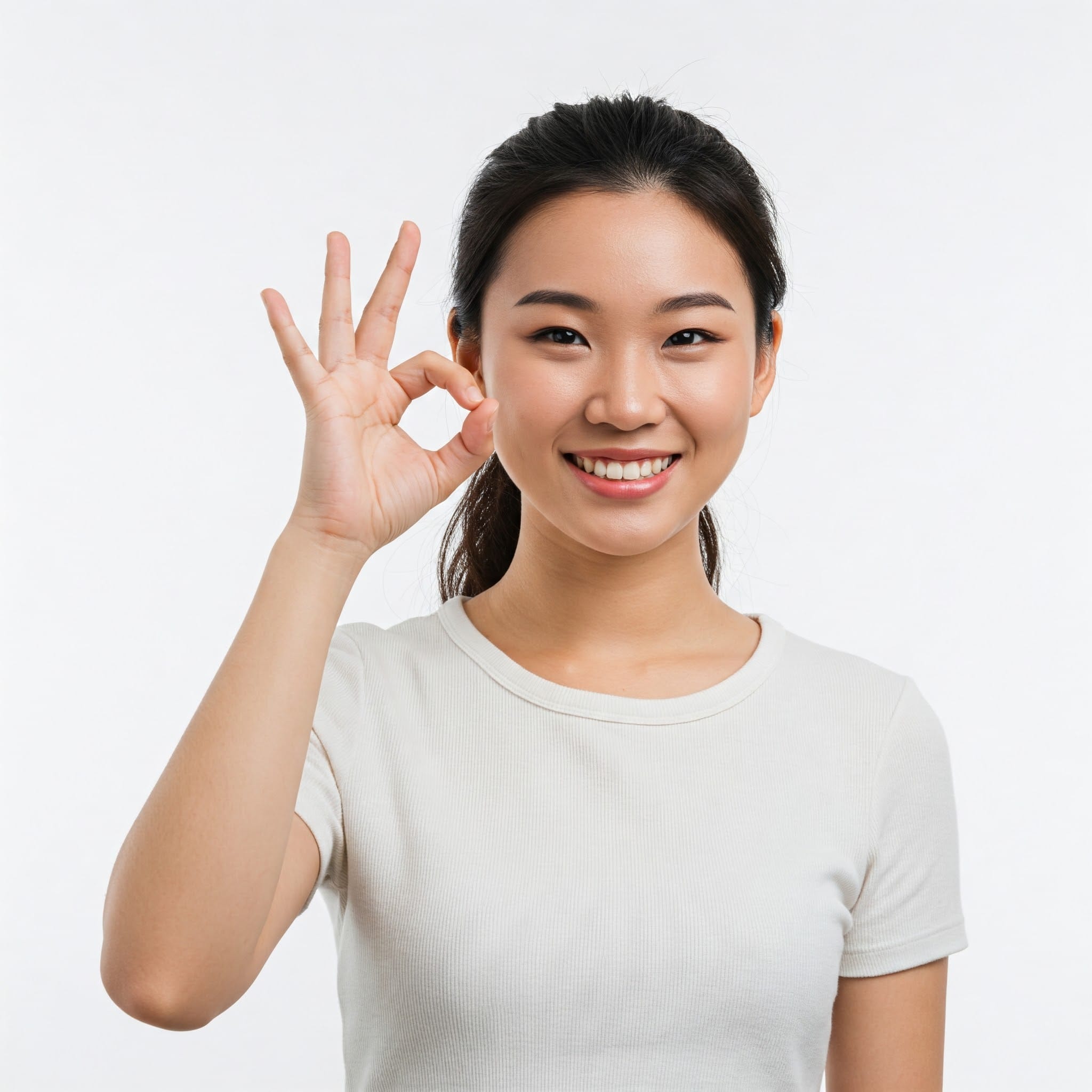 白い背景で笑顔でOKサインをする若いアジア人女性