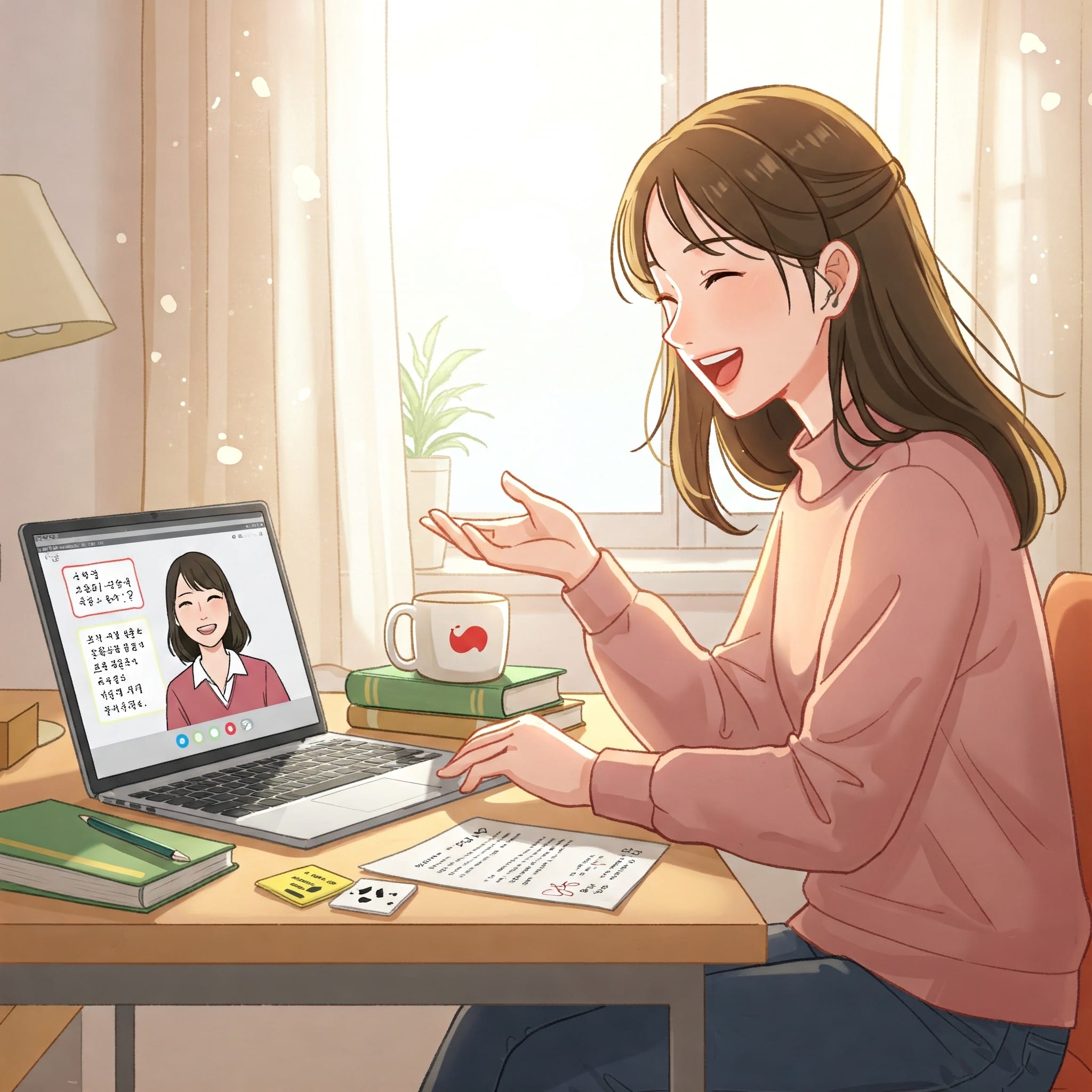 オンラインで笑顔で韓国語レッスンを受ける人