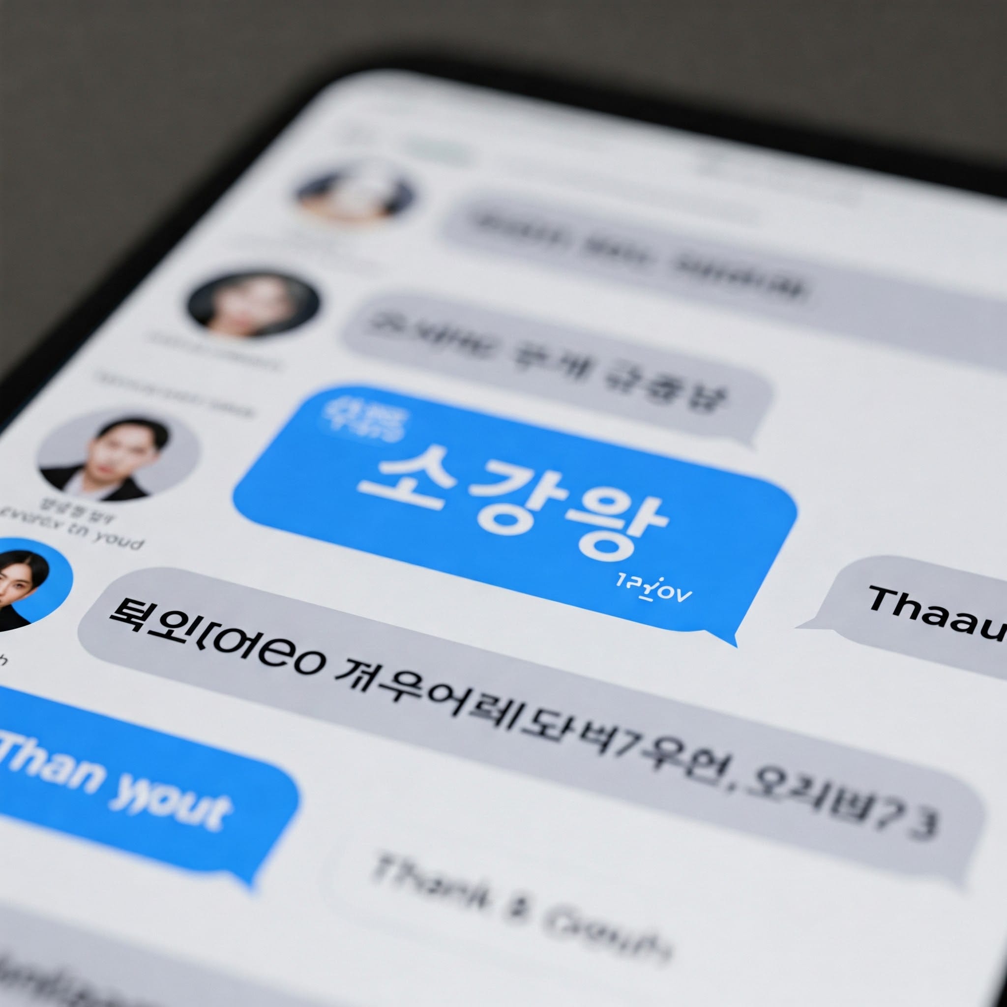 韓国語のスラング「ㄱㅅ」（ありがとうの略）が表示されているチャット画面のスマートフォンのクローズアップ