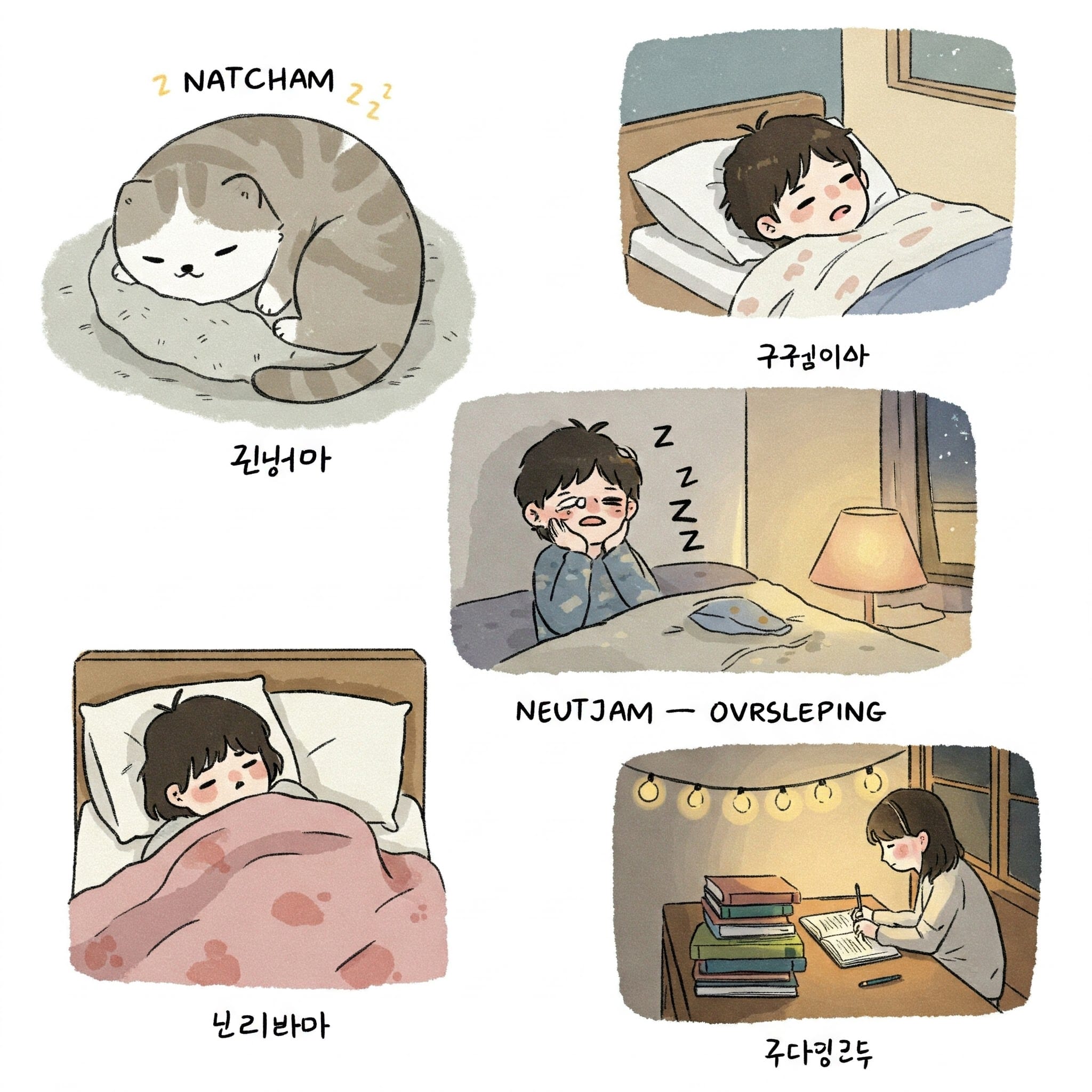 昼寝する猫、寝坊する人、徹夜する学生のイラストコラージュ