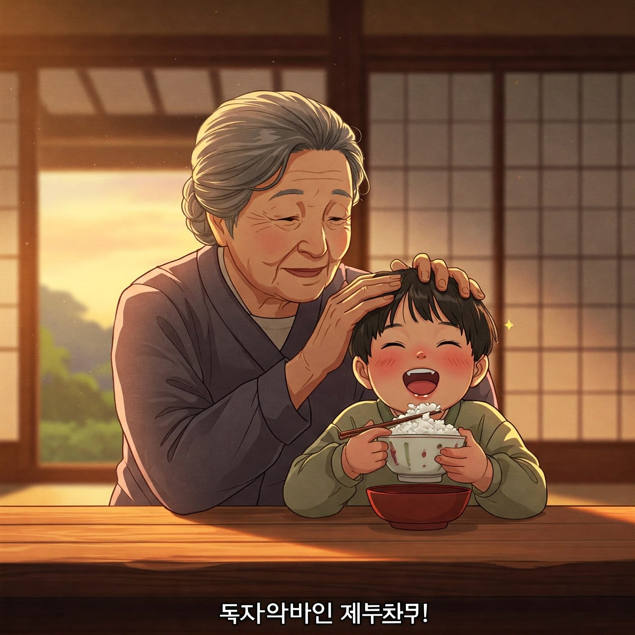 縁側で祖母が孫の頭を撫でながら「참 잘 먹네!」と感心している様子
