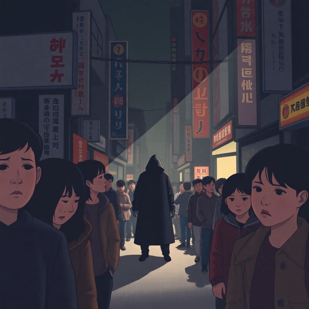 夜の路地裏や雑踏など、都市の不安感を象徴する抽象的なイラスト