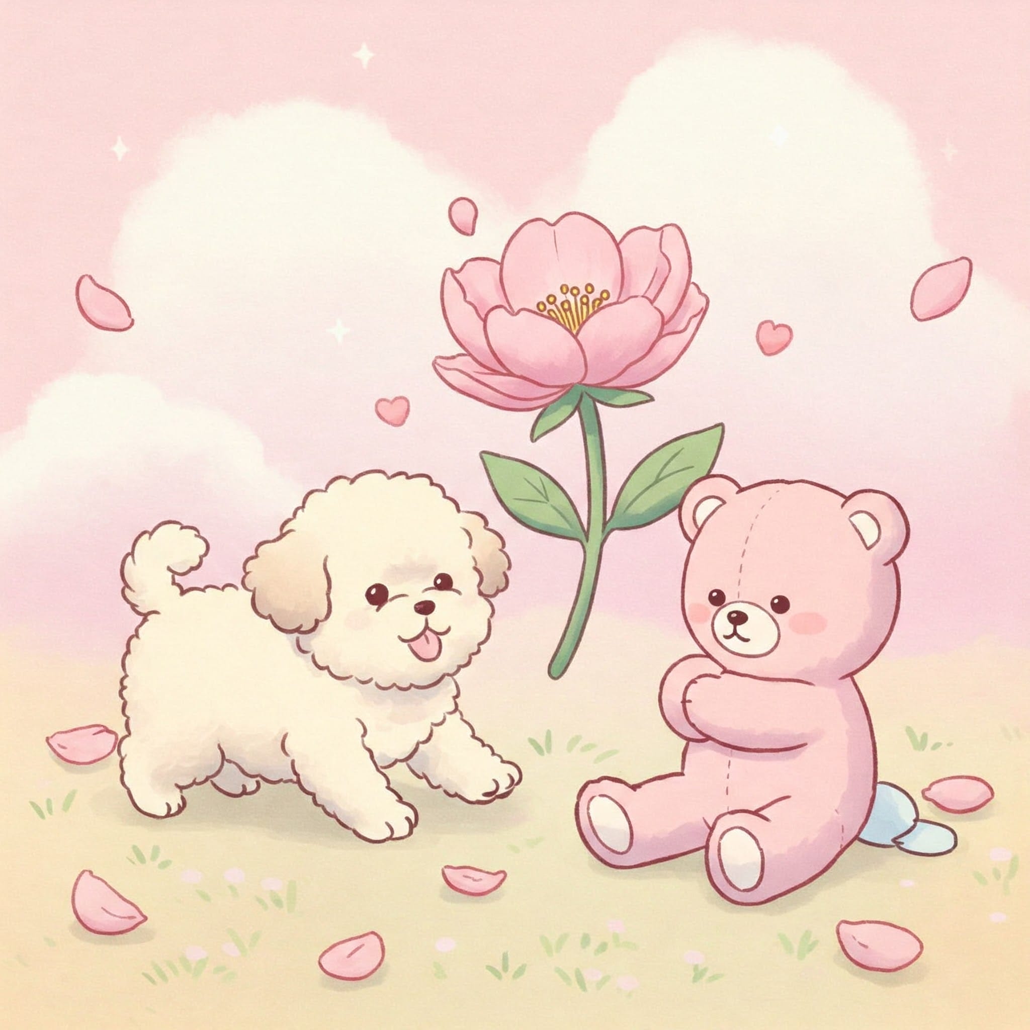韓国語の「かわいい」3つの概念（子犬、花、抱きしめられるテディベア）を表現したイラスト