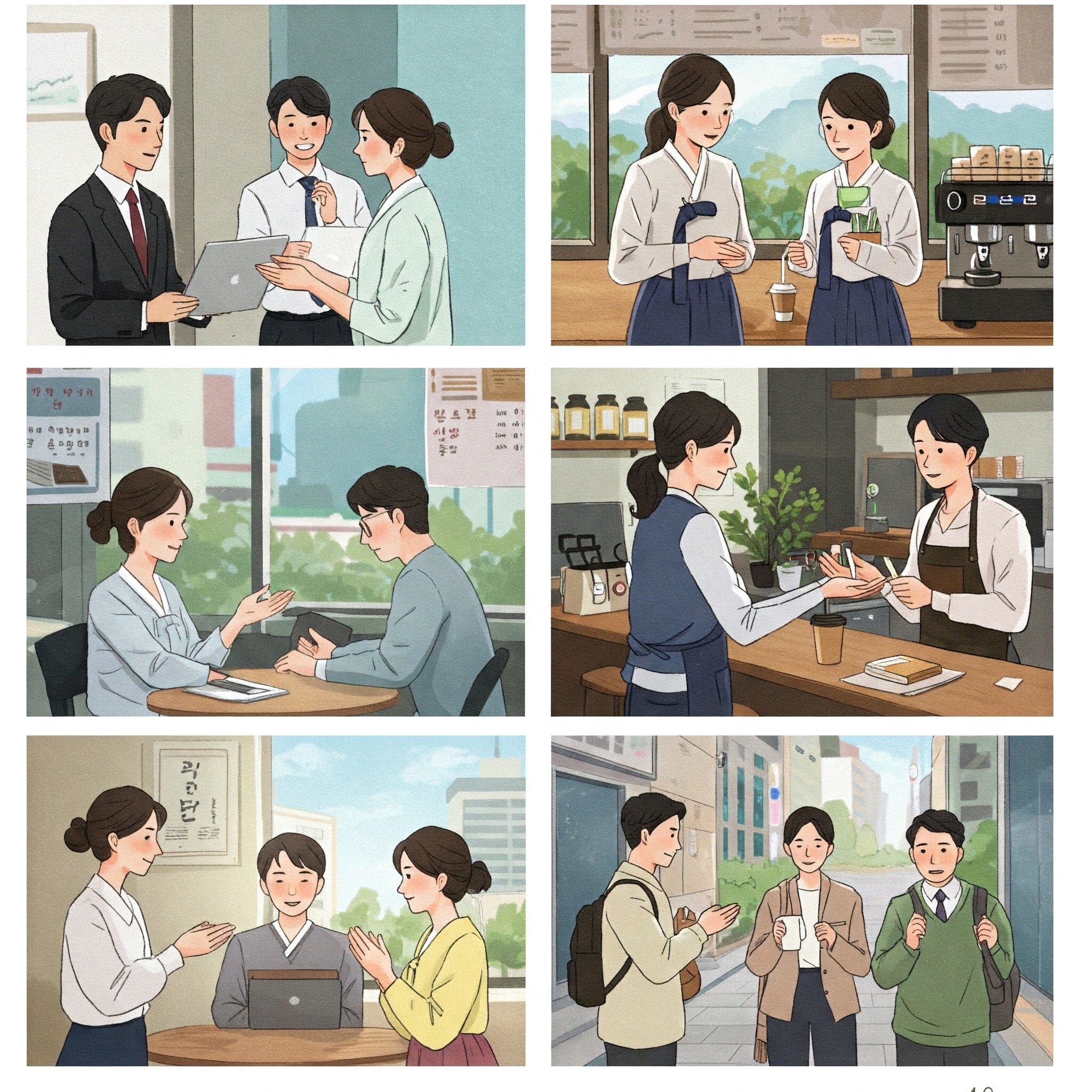 オフィス、カフェ、屋外などで会話や交流を行っている人々を描いた 6 部構成のイラスト シリーズ。.