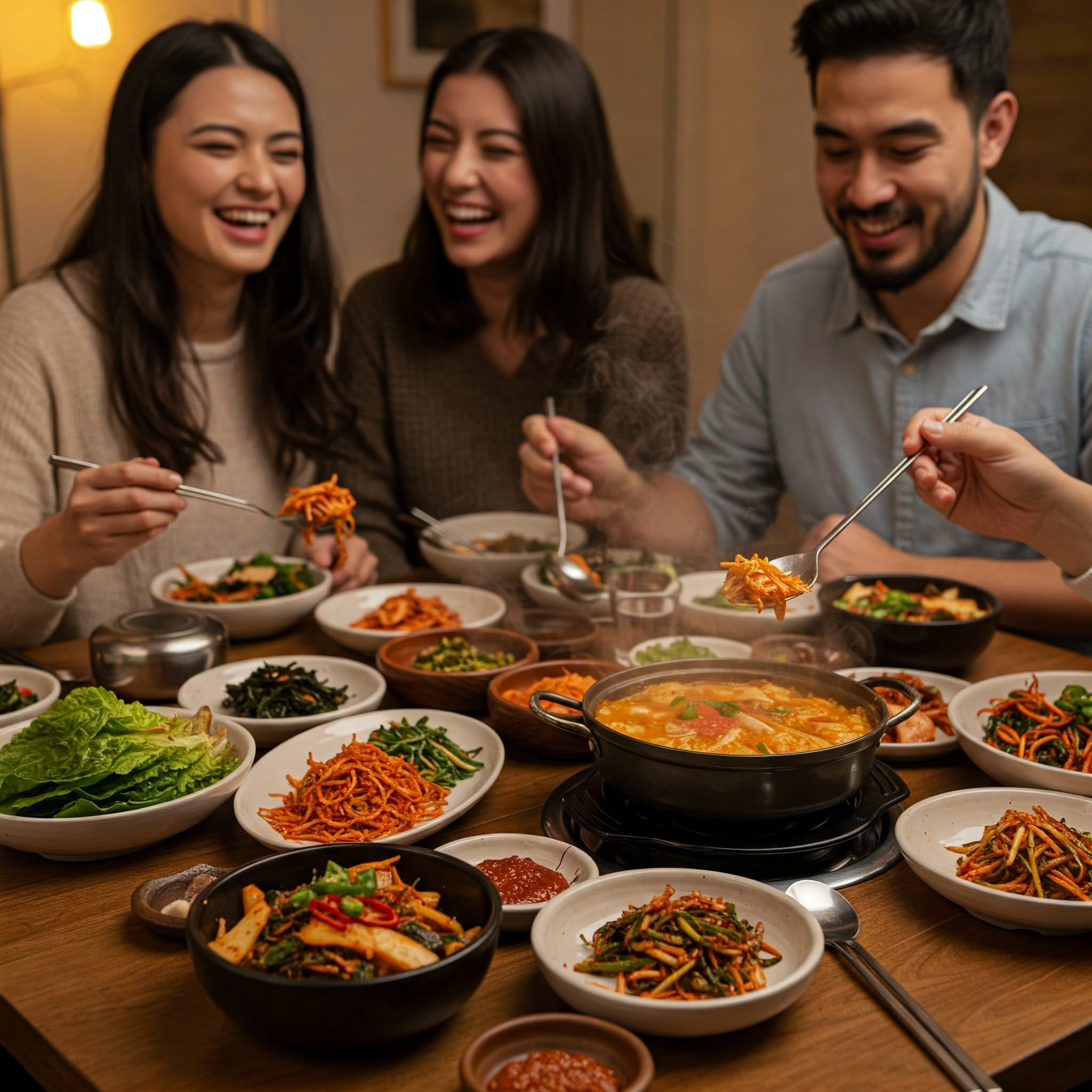 湯気の立つチゲ、色鮮やかなビビンバ、様々なパンチャンなど、美味しそうな韓国料理がたくさん並んだ活気のある食卓。テーブルを囲む人々が楽しそうに食事し、おしゃべりしている。