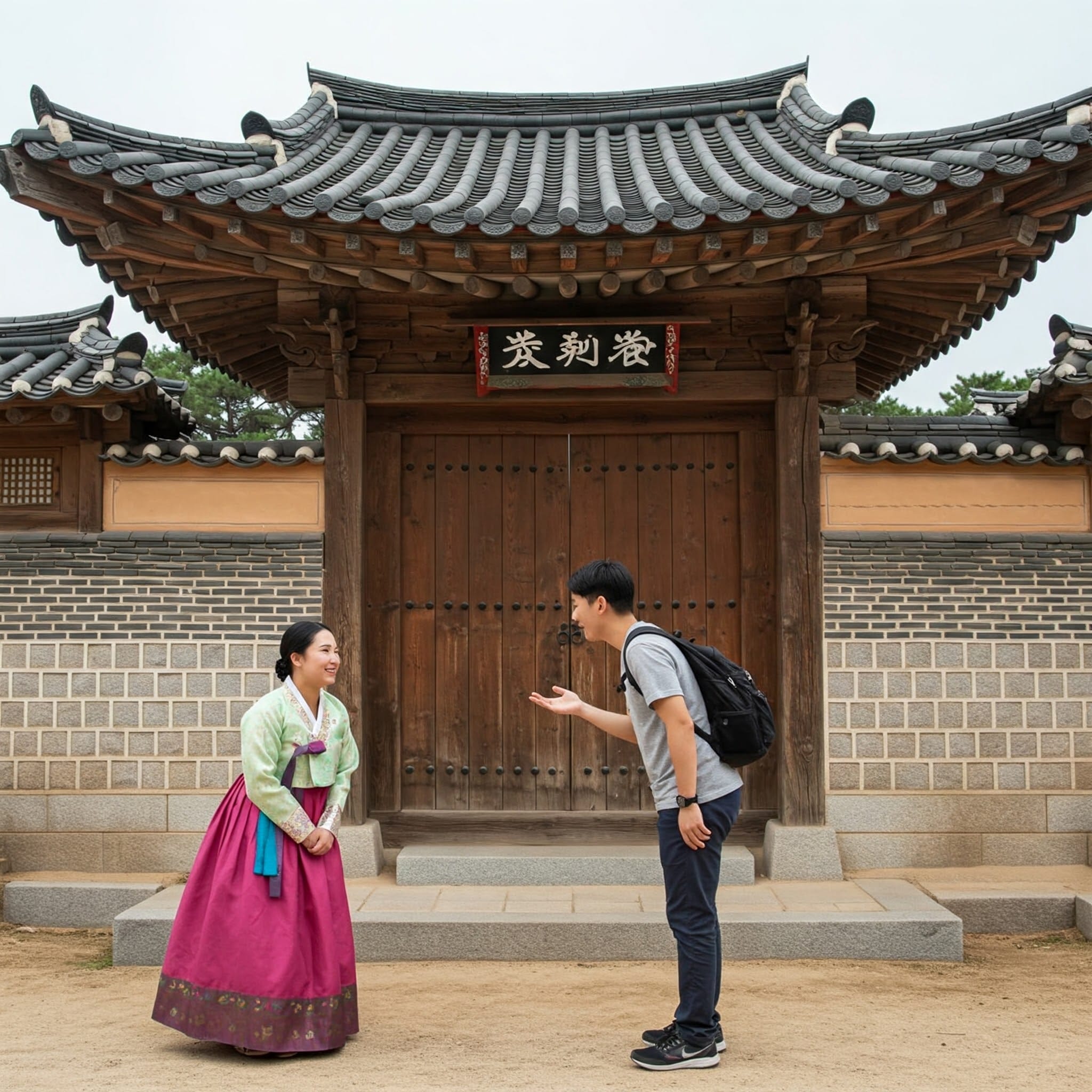 韓国の街角で笑顔で挨拶を交わす若い男女
