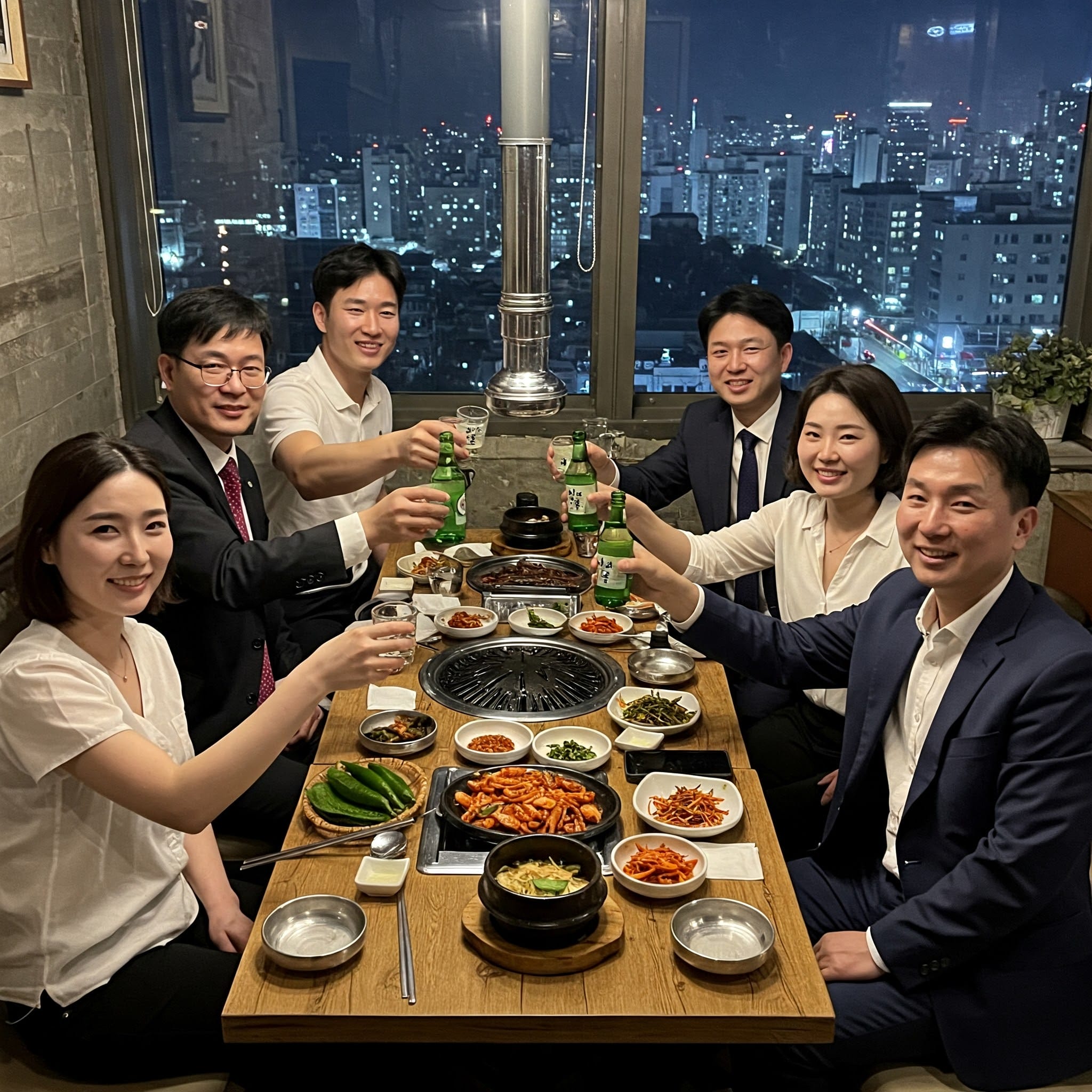 ビジネス服を着た6人が韓国料理が並んだレストランのテーブルを囲んで座り、グラスを上げて乾杯している。背後の窓からは街のスカイラインが見える。.