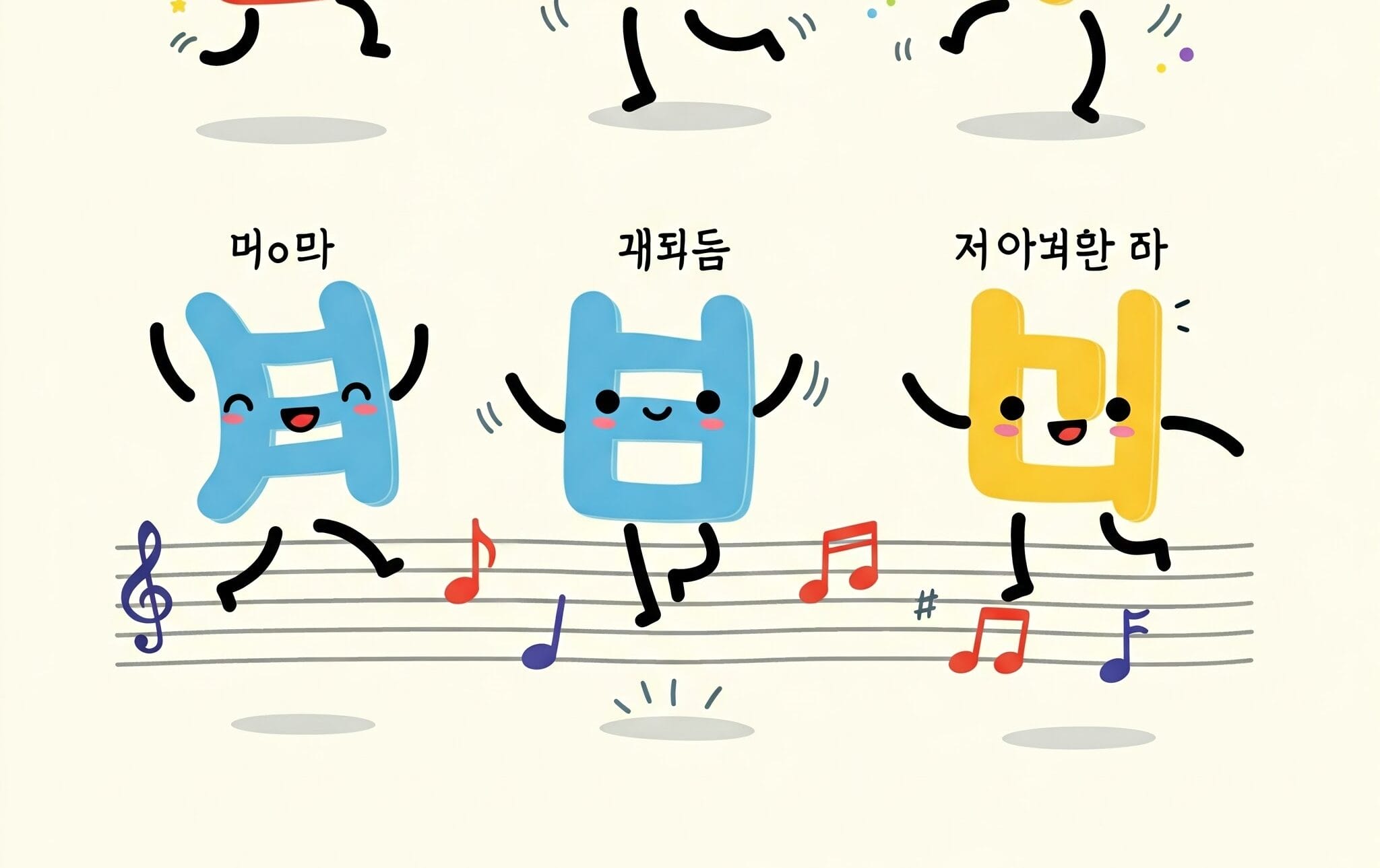 笑顔と腕を持つ 6 つのカラフルな韓国のハングル文字が、音符に囲まれた五線譜の上に立っており、それぞれの頭上には韓国語のテキストが書かれています。.