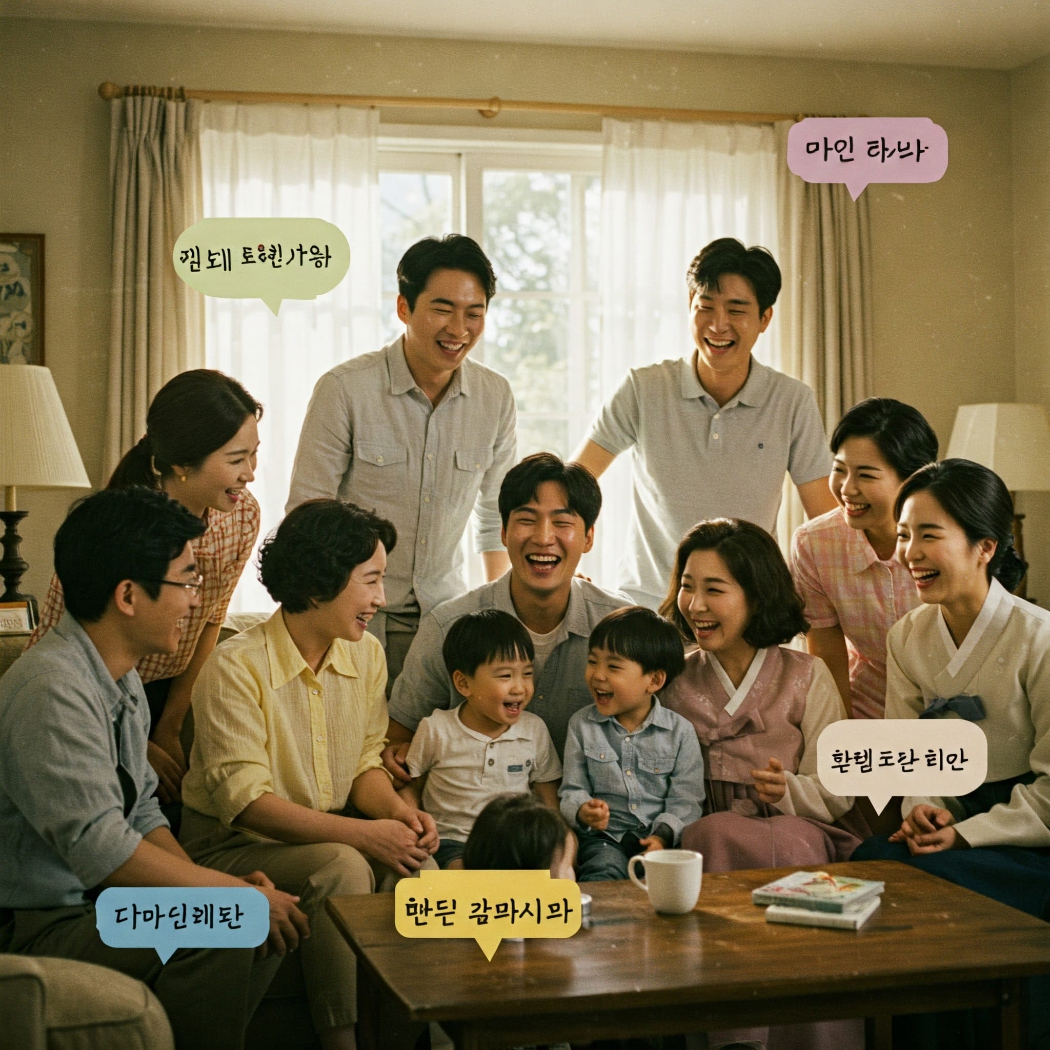 多世代の韓国人家族が食卓を囲んでいる様子
