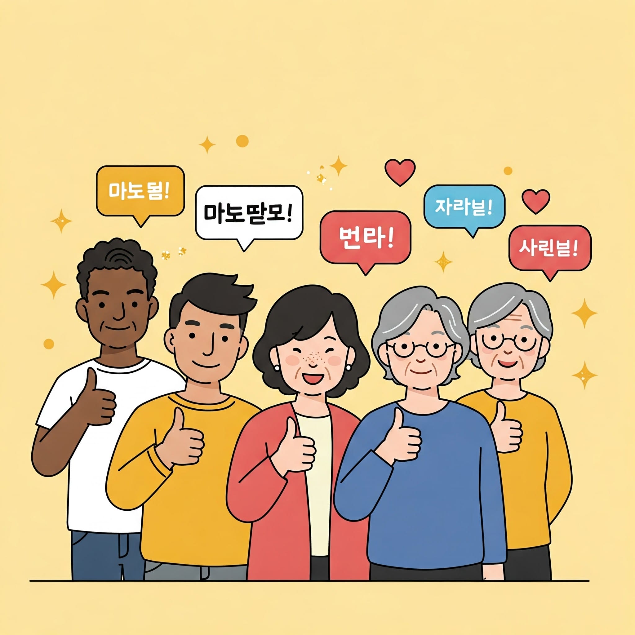 年齢も経歴もさまざまな5人が一列に並び、笑顔で親指を立てており、頭上には韓国語の文字とカラフルな吹き出しが表示されている。.