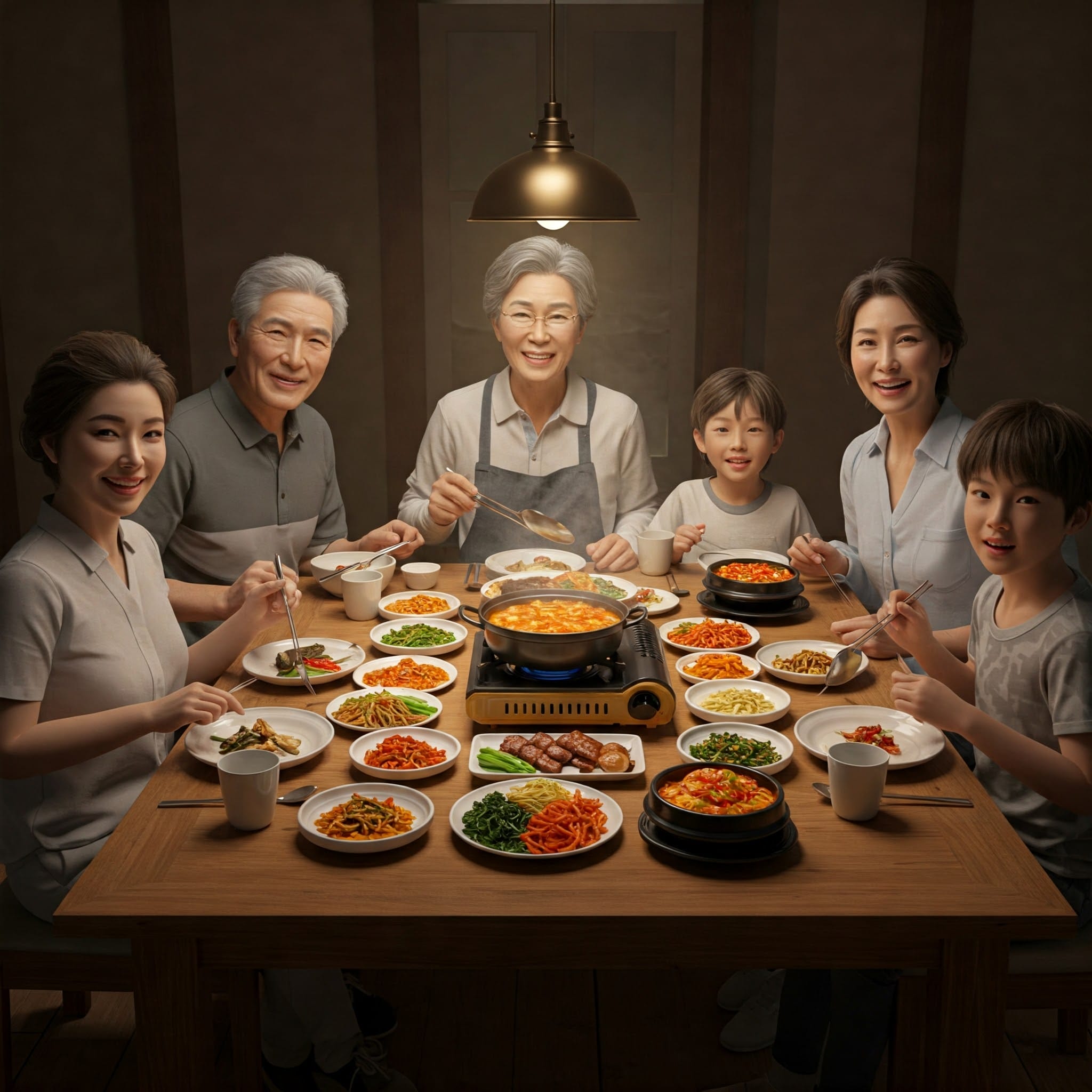 韓国語の「잘 먹겠습니다」の文字と韓国料理のイラスト