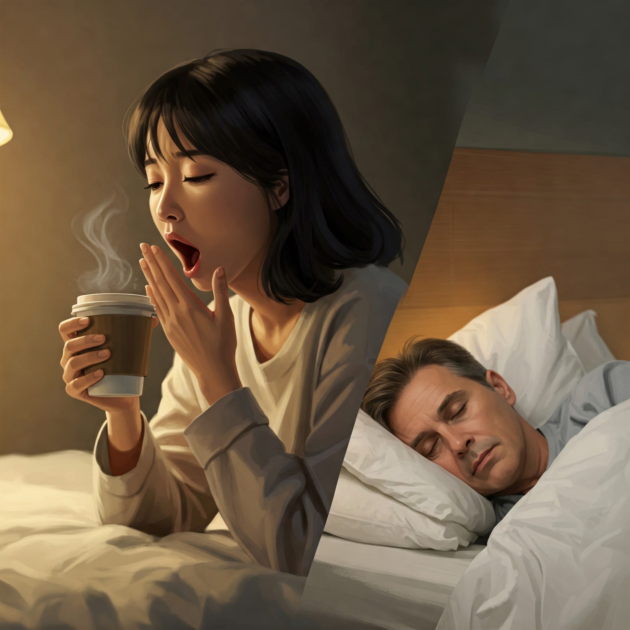柔らかく照らされた寝室で、女性がベッドに座ってあくびをしながらコーヒーカップを持ち、その隣のベッドでは男性が眠っている。.